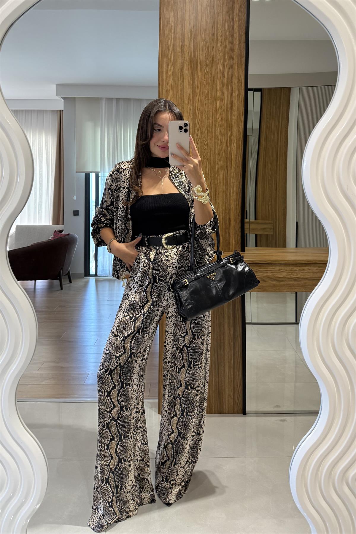 Elizza Piton Desen Saten Kemerli Pantolon