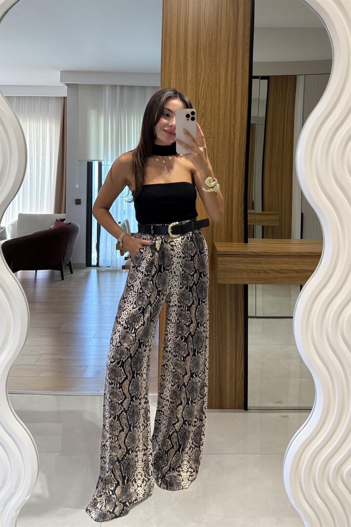Elizza Piton Desen Saten Kemerli Pantolon