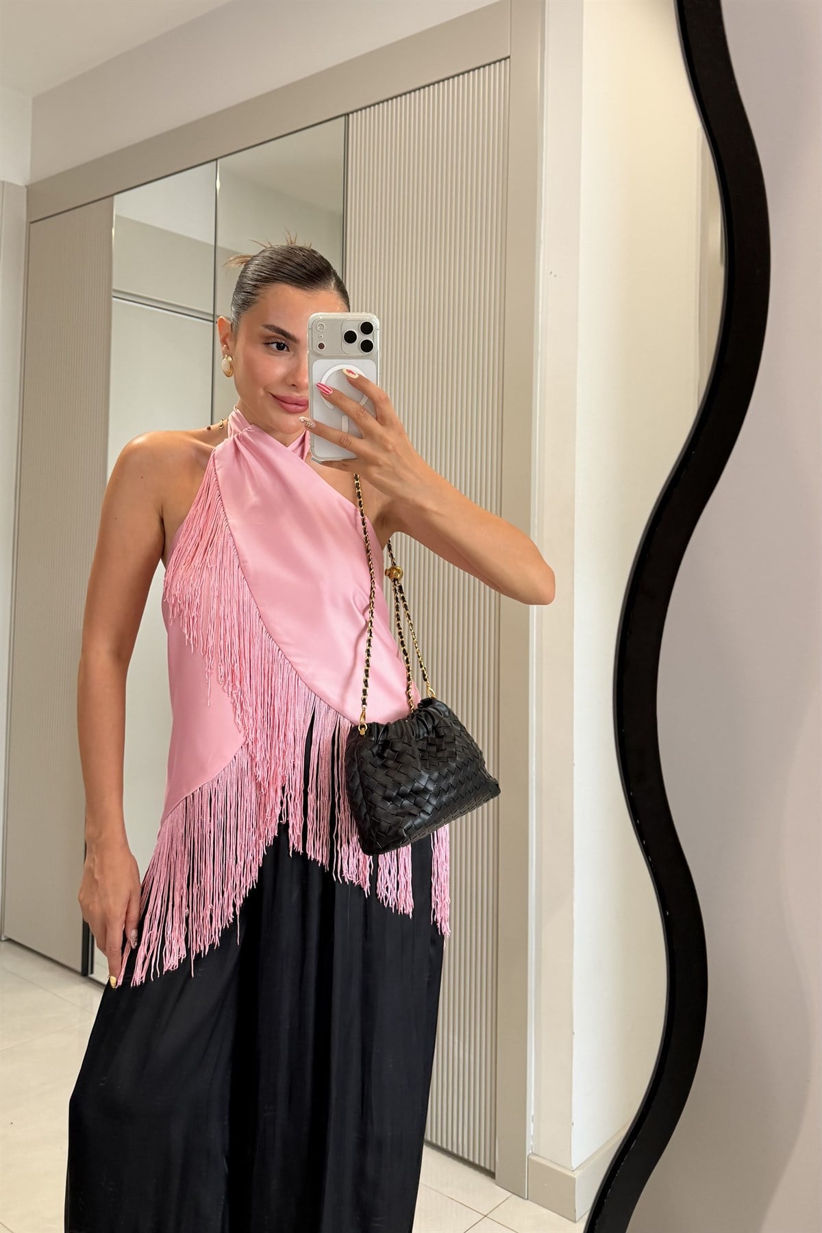 Elowen Pembe Saten Püsküllü Bluz 
