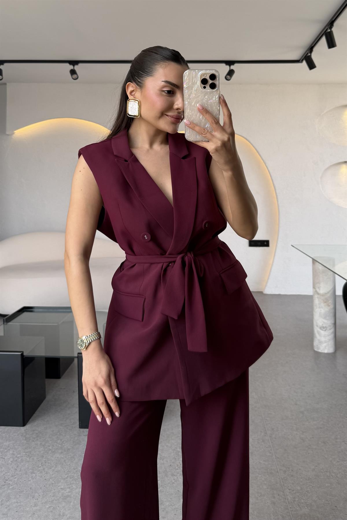 Eloya Bordo Kuşaklı Yelekli Premium Takım
