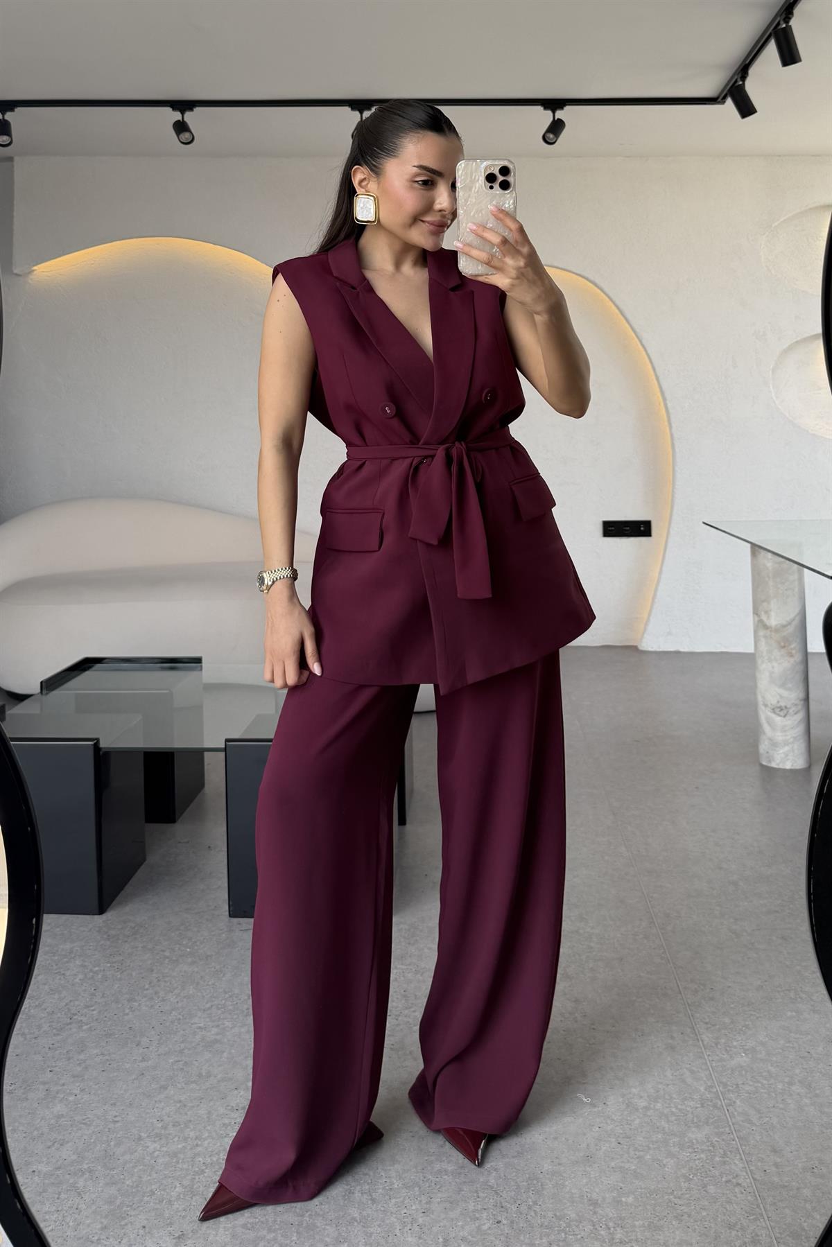 Eloya Bordo Kuşaklı Yelekli Premium Takım