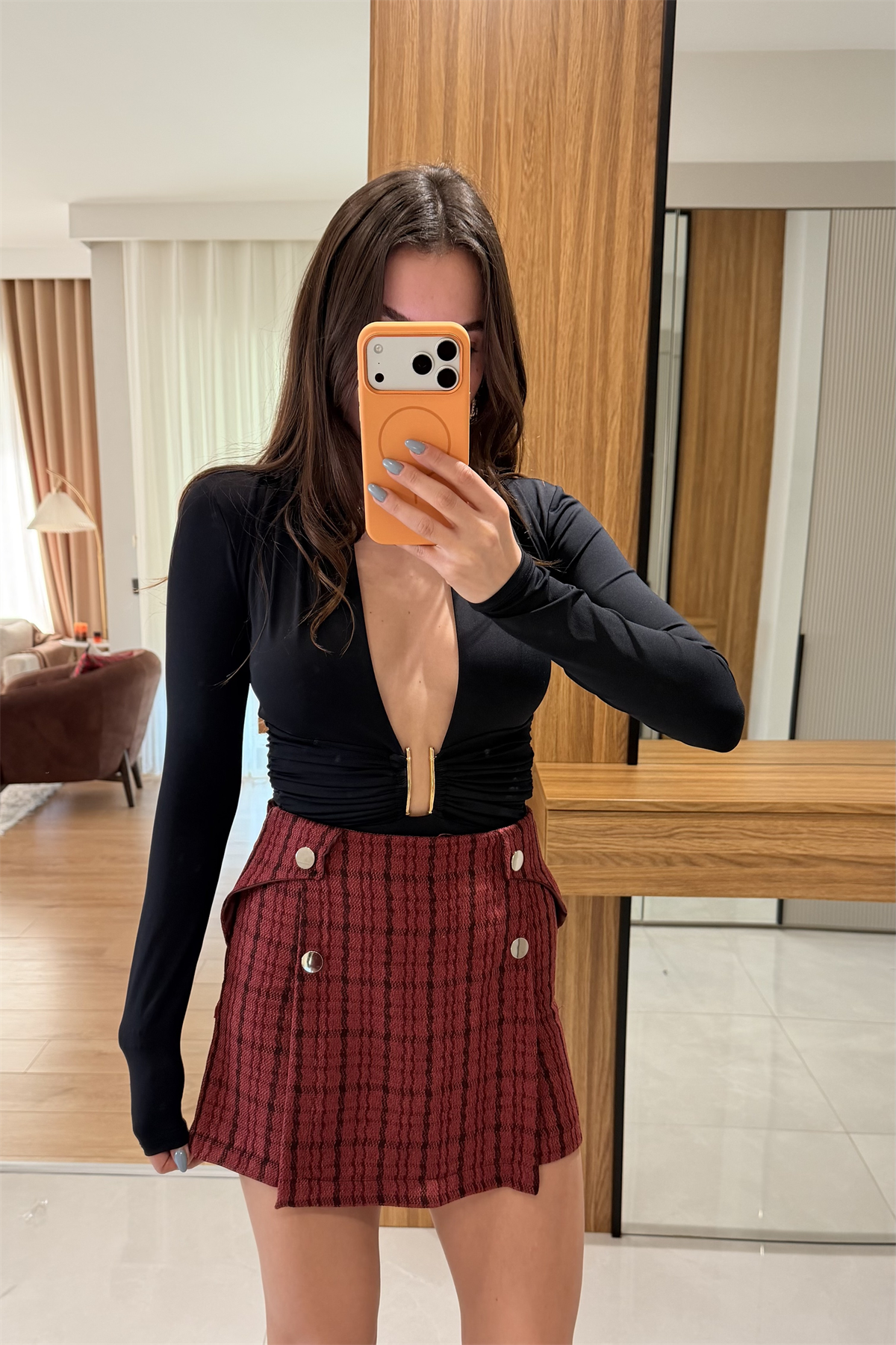 Elsie Bordo Mini Ekose Şort Etek