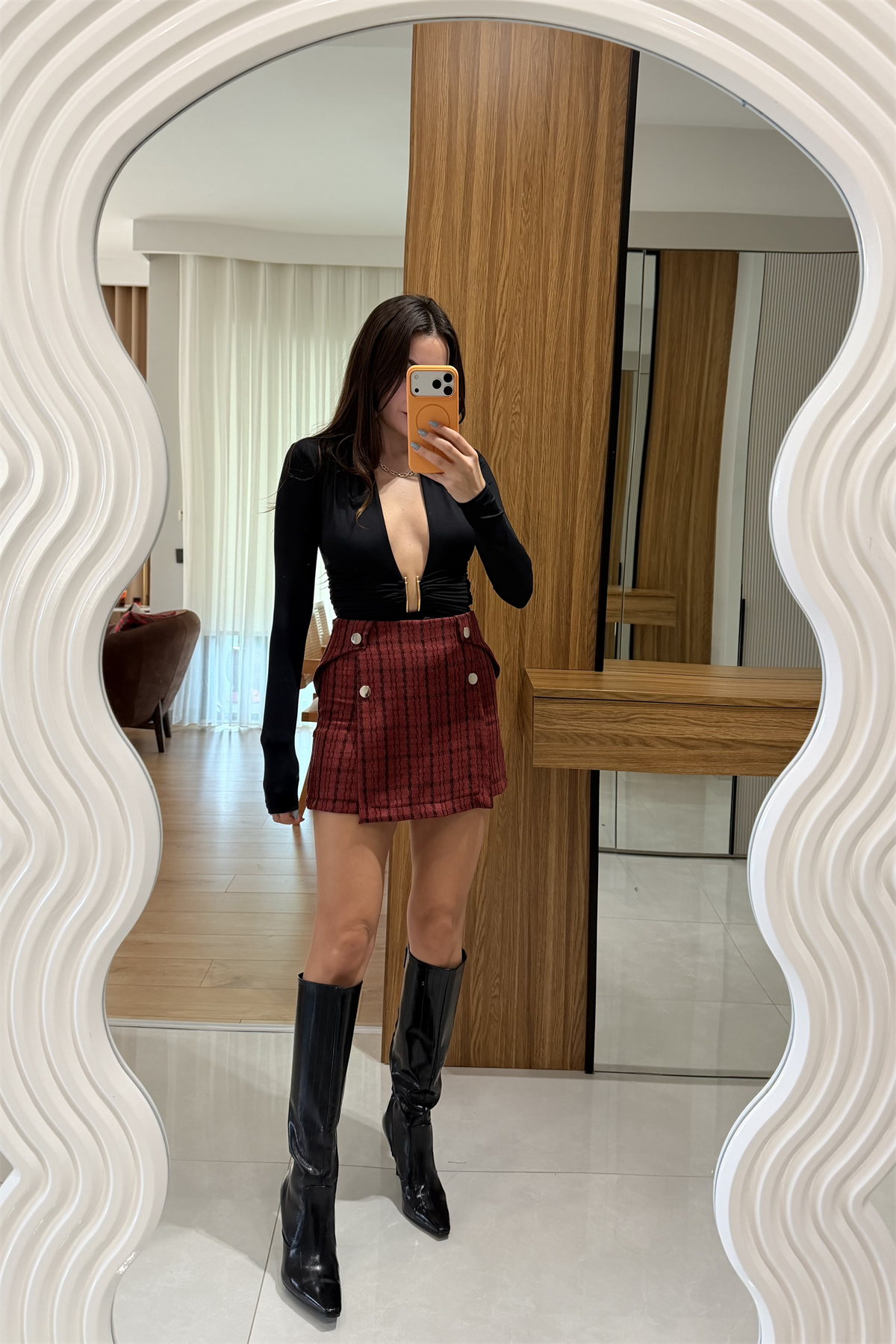 Elsie Bordo Mini Ekose Şort Etek