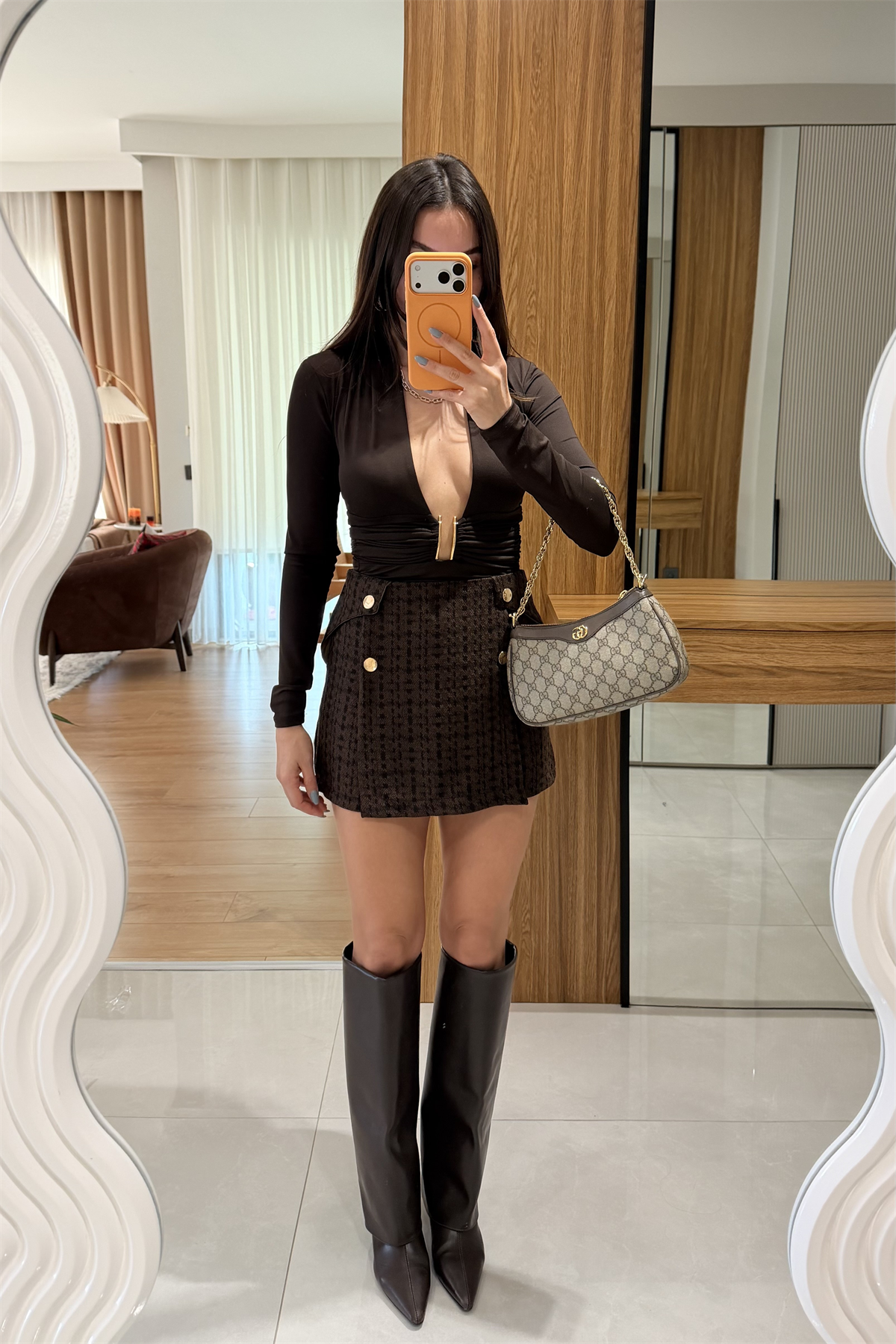 Elsie Kahve Mini Ekose Şort Etek