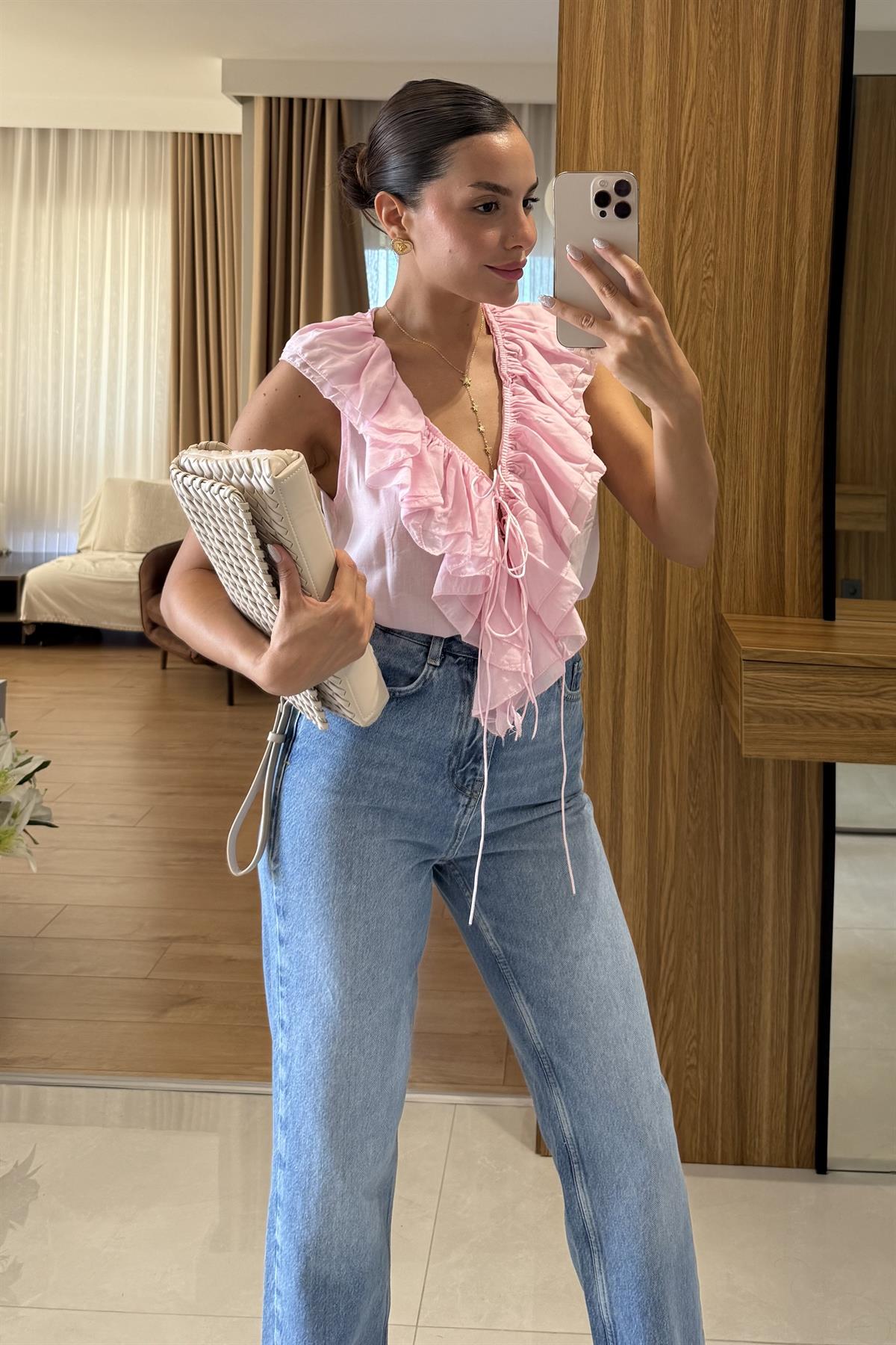 Elvia Pembe Fırfırlı Bağlamalı Kolsuz Gömlek 