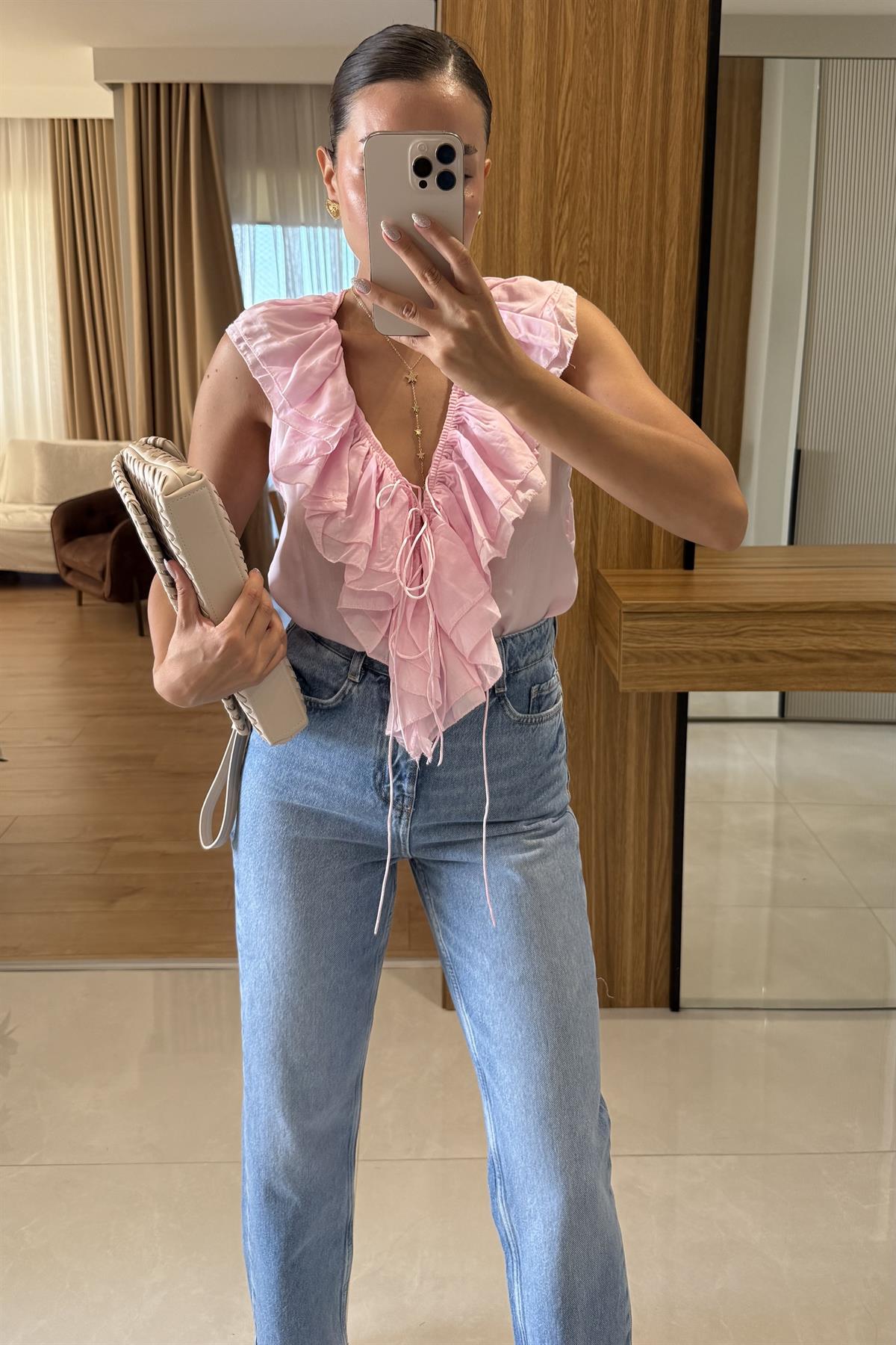 Elvia Pembe Fırfırlı Bağlamalı Kolsuz Gömlek 