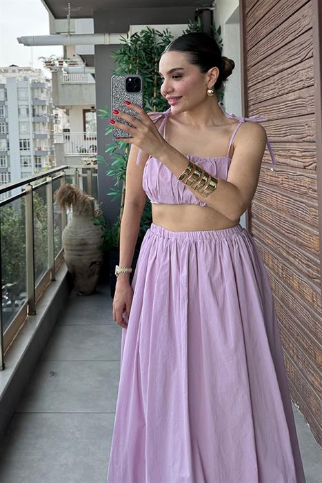 Elvin Balon Crop ve Etek Takım - Lila