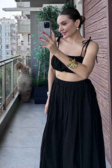 Elvin Balon Crop ve Etek Takım - Siyah