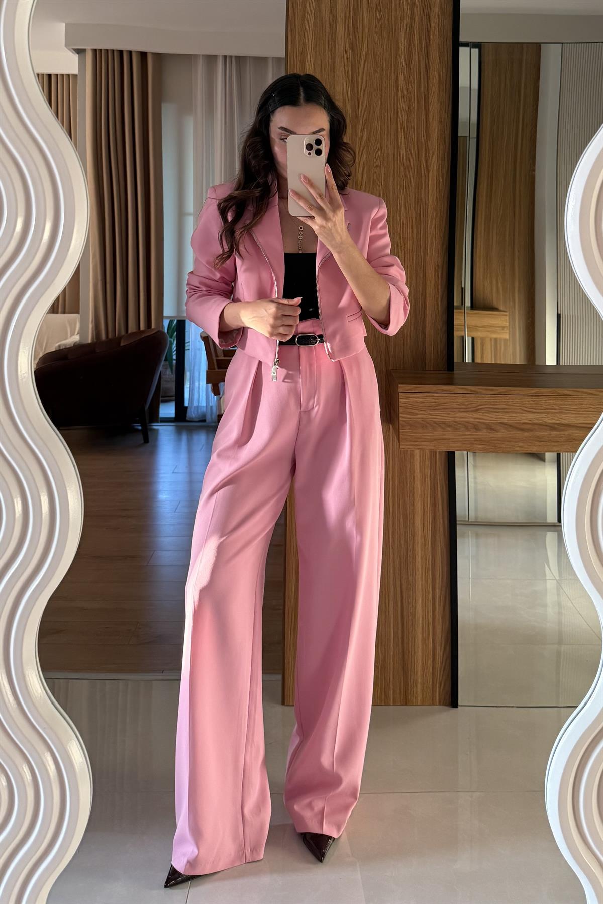 Elvora Pembe Kemerli Palazzo Pantolon