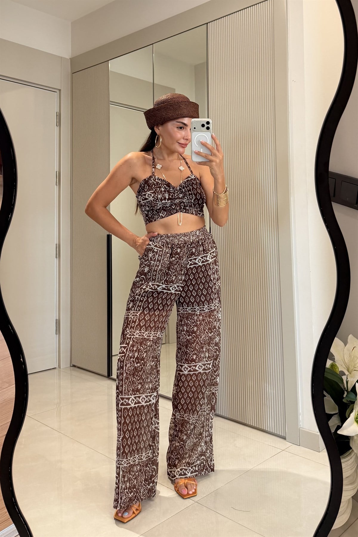 Emilia Kahve Etnik Desenli Askılı Crop Pantolon Takım