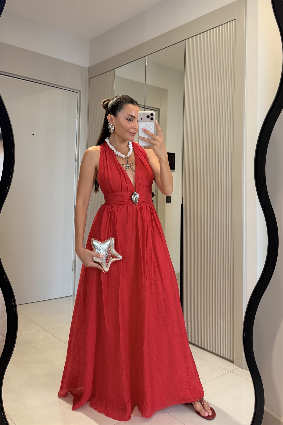 Emily Kırmızı Astarlı Aksesuarlı Elbise