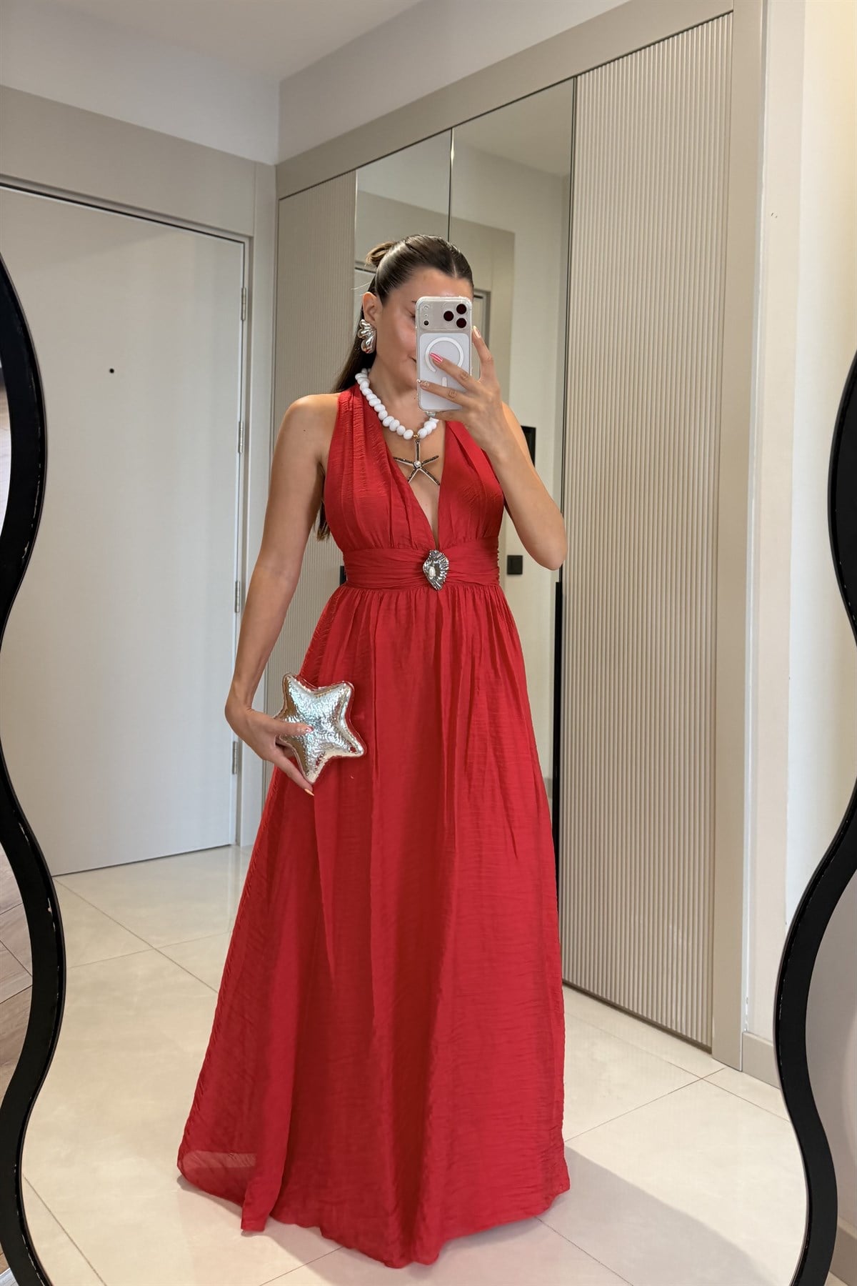 Emily Kırmızı Astarlı Aksesuarlı Elbise