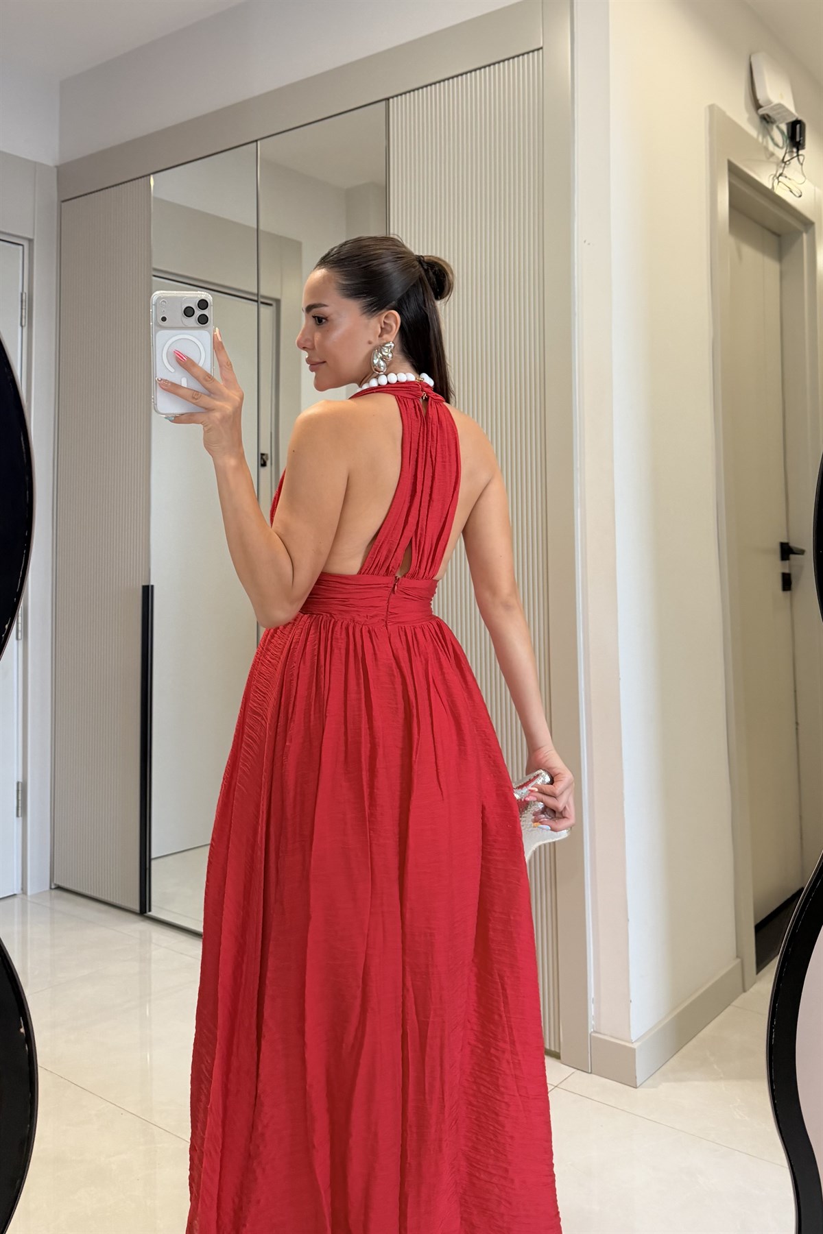 Emily Kırmızı Astarlı Aksesuarlı Elbise