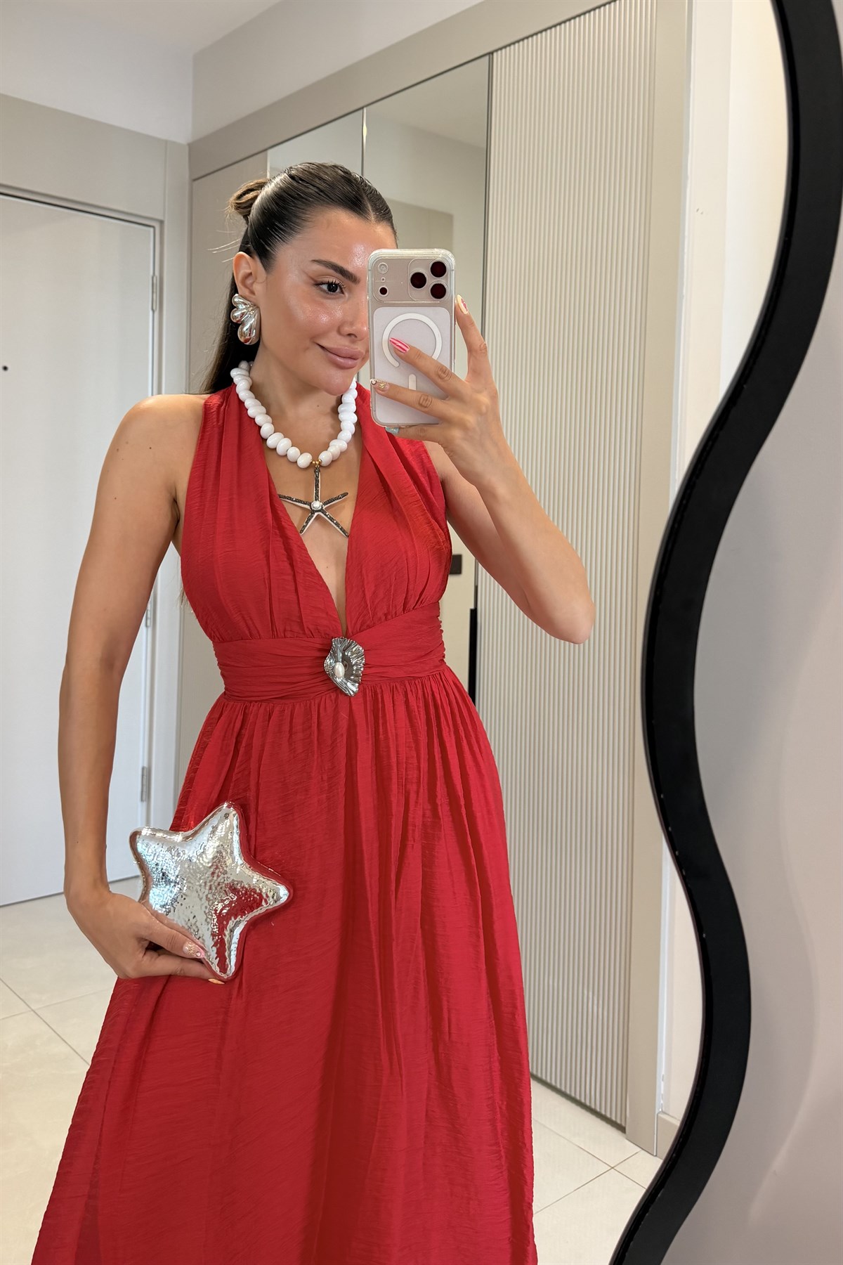 Emily Kırmızı Astarlı Aksesuarlı Elbise
