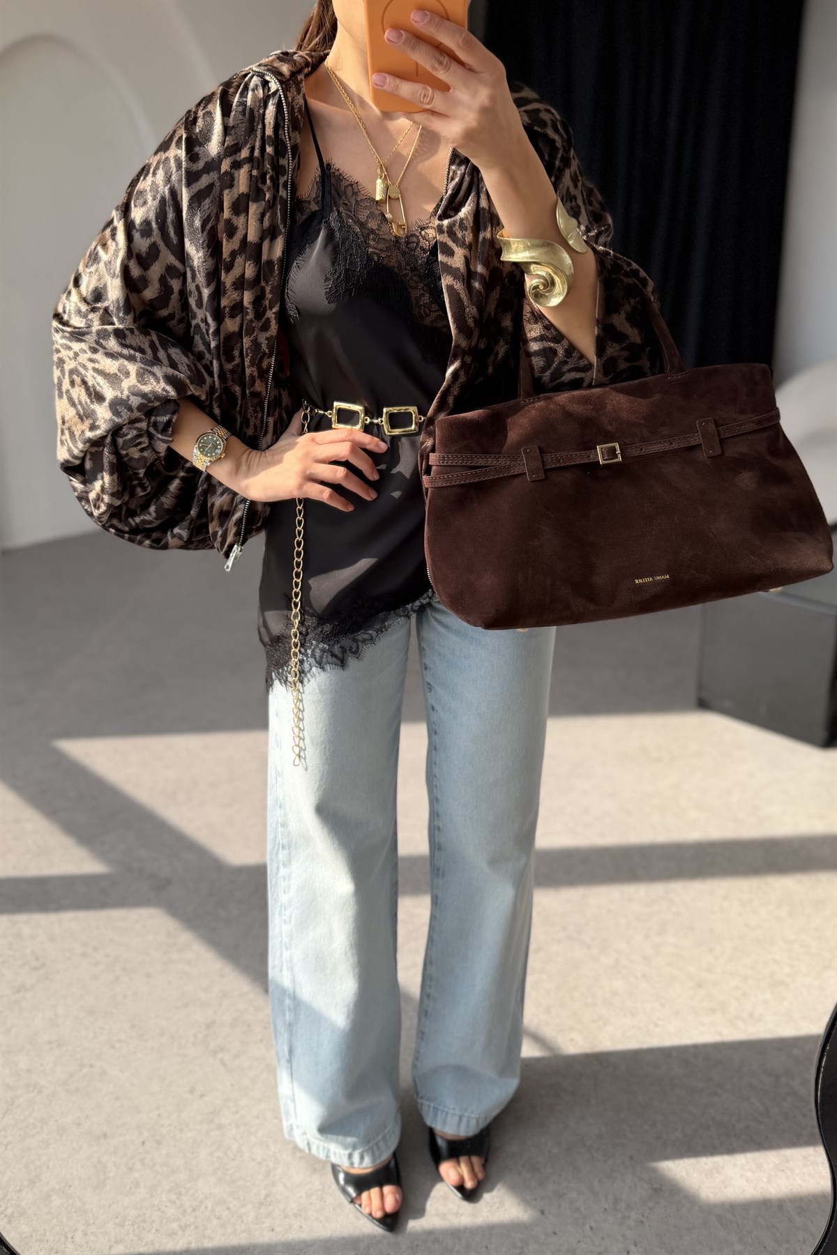 Emily Leopar Kadife Bomber Ceket