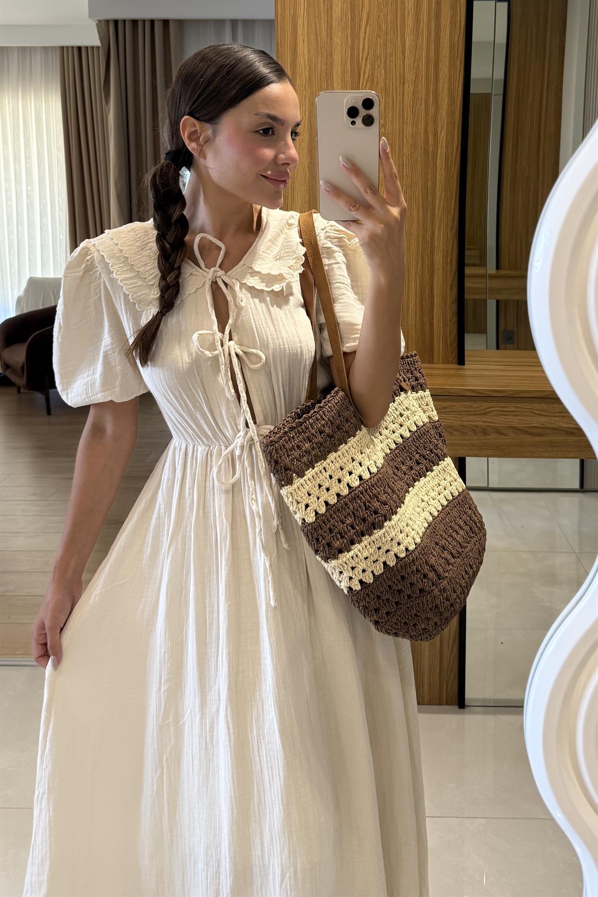 Emma Bej Bağlamalı Bebe Yaka Müslin Elbise