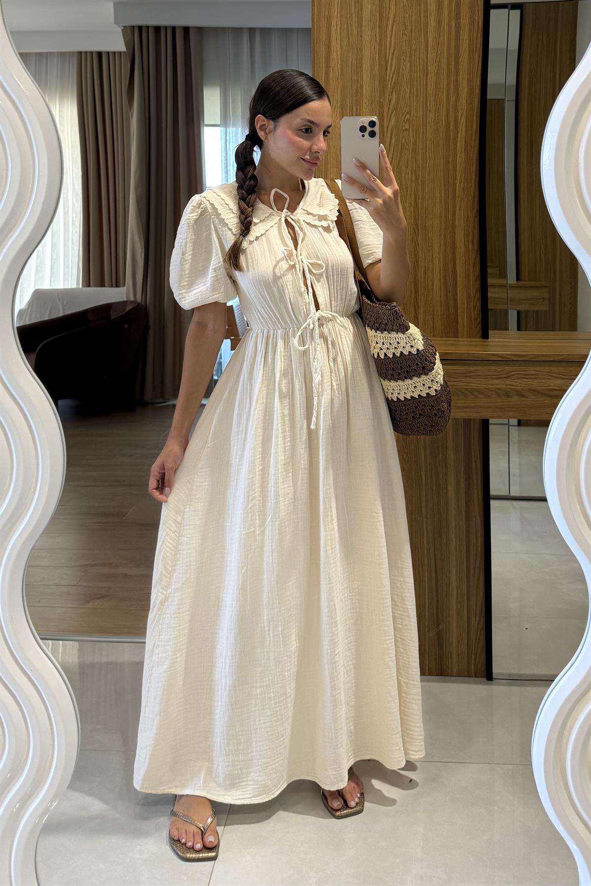 Emma Bej Bağlamalı Bebe Yaka Müslin Elbise