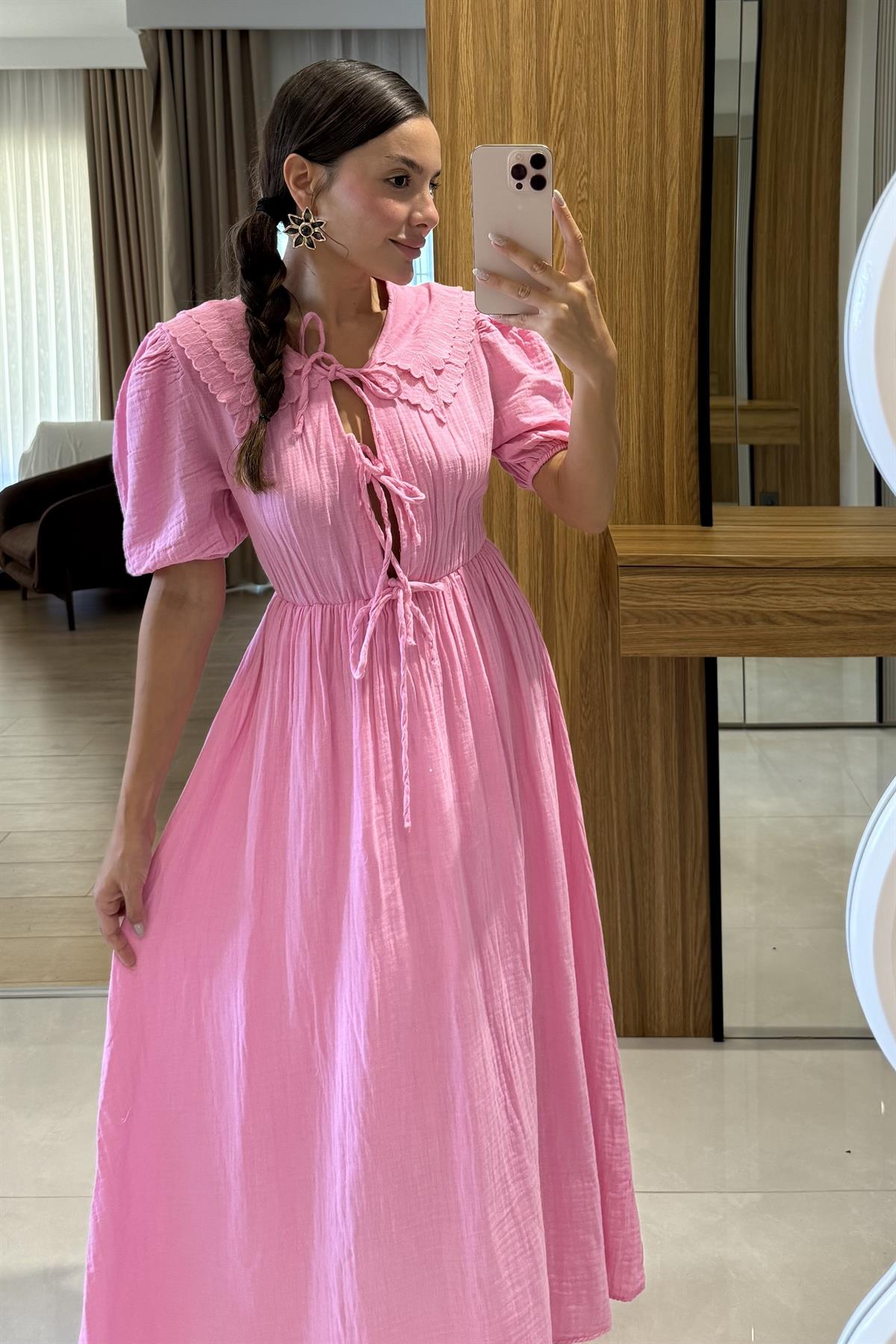 Emma Pembe Bağlamalı Bebe Yaka Müslin Elbise