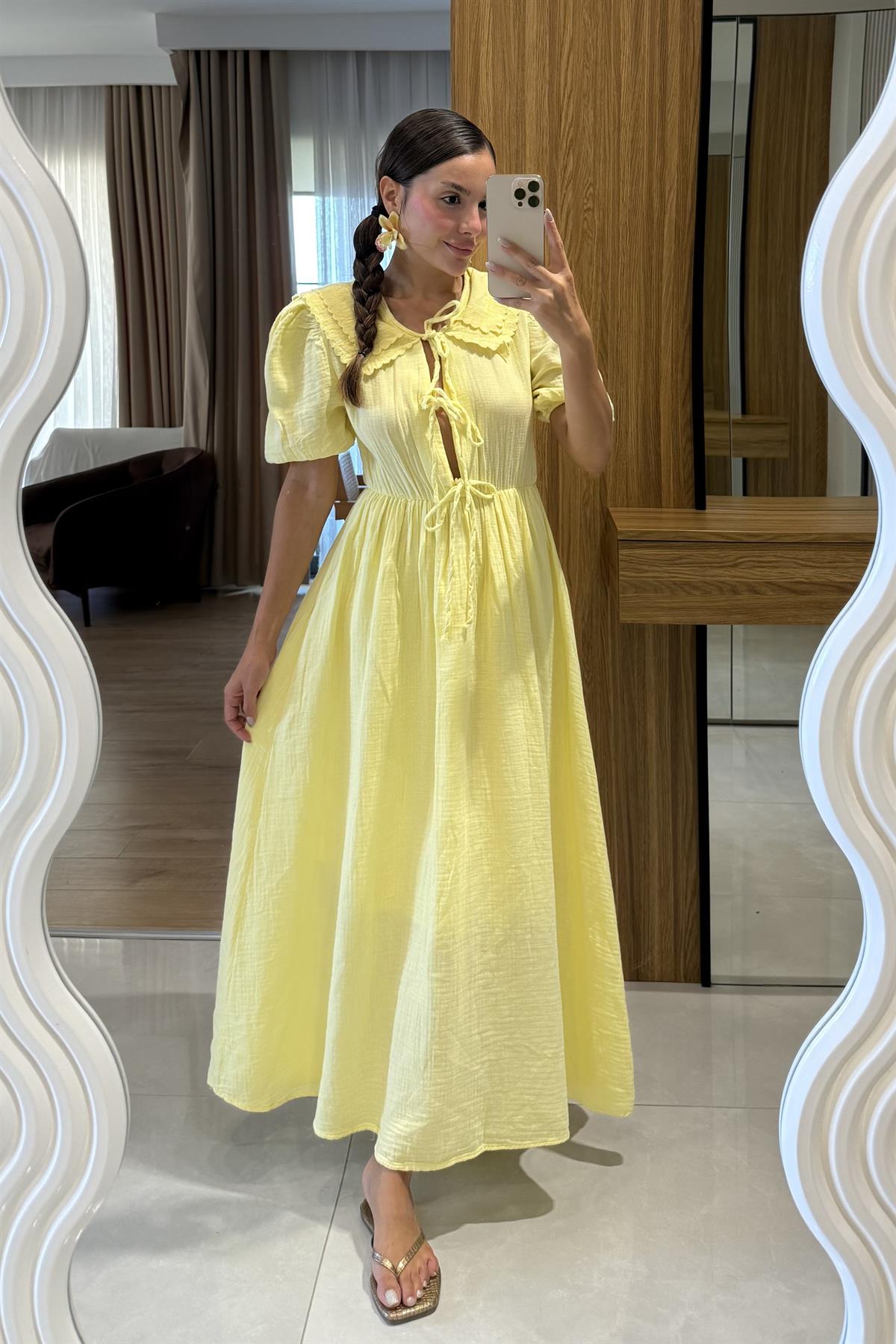 Emma Sarı Bağlamalı Bebe Yaka Müslin Elbise