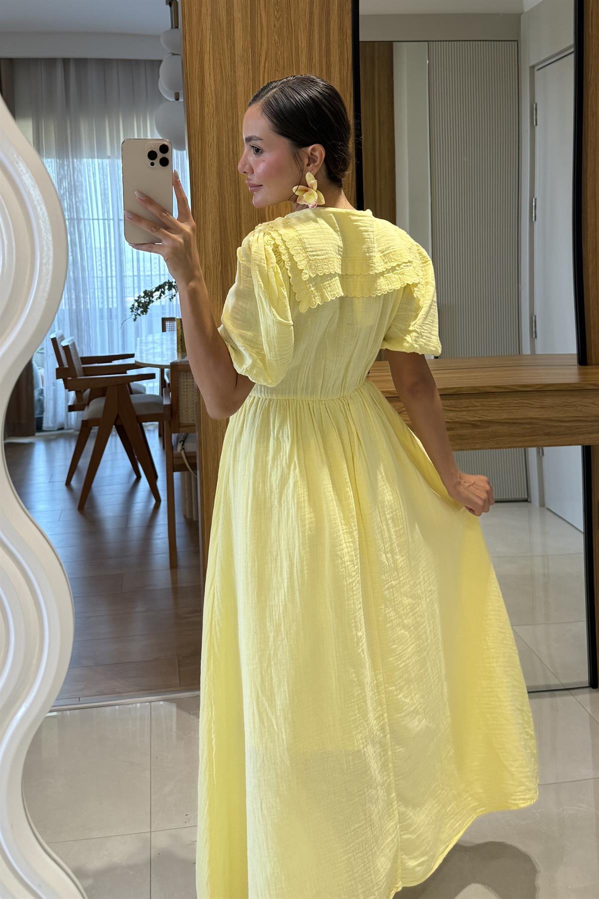 Emma Sarı Bağlamalı Bebe Yaka Müslin Elbise