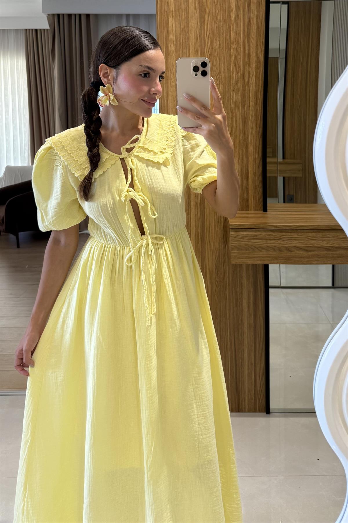 Emma Sarı Bağlamalı Bebe Yaka Müslin Elbise