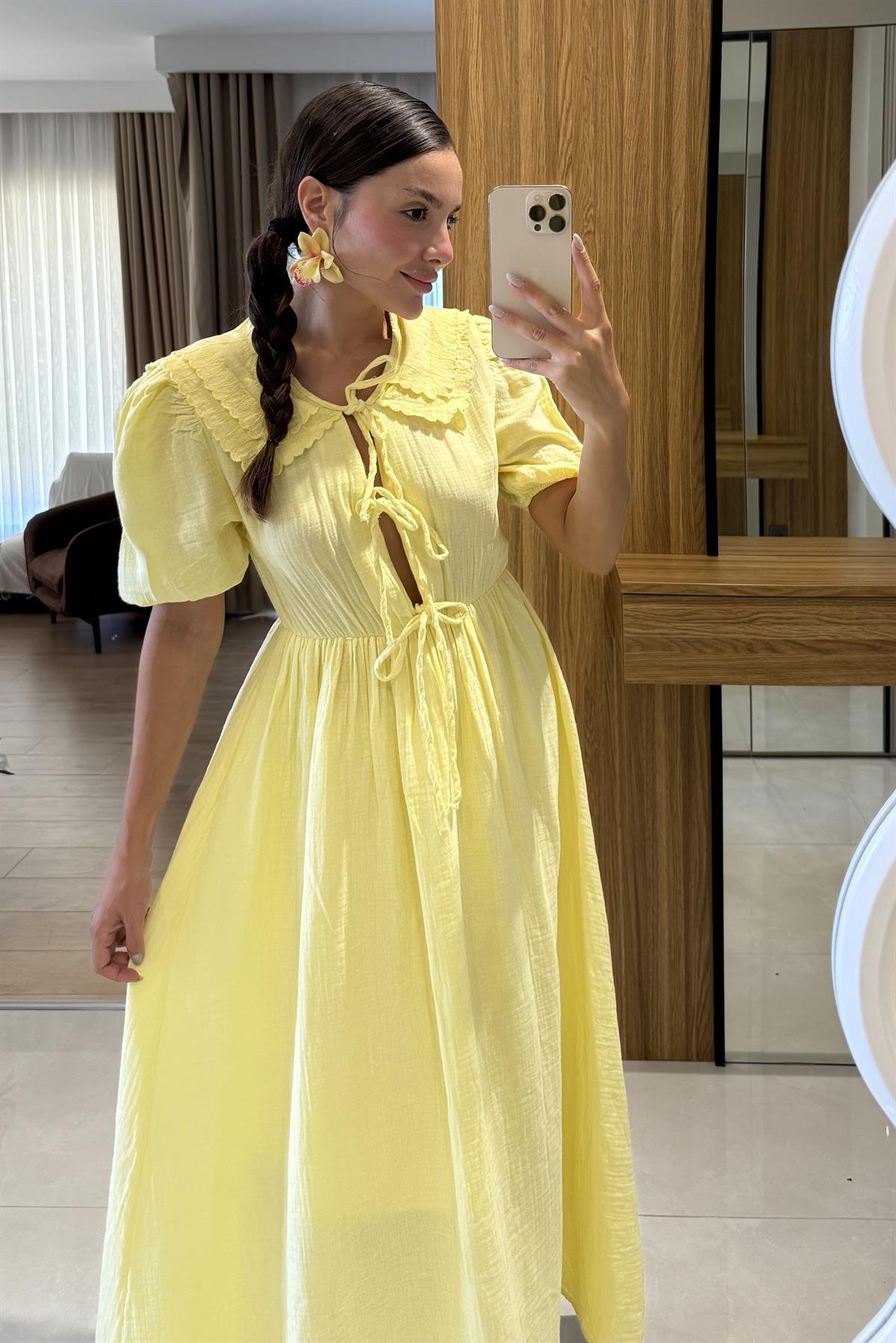 Emma Sarı Bağlamalı Bebe Yaka Müslin Elbise