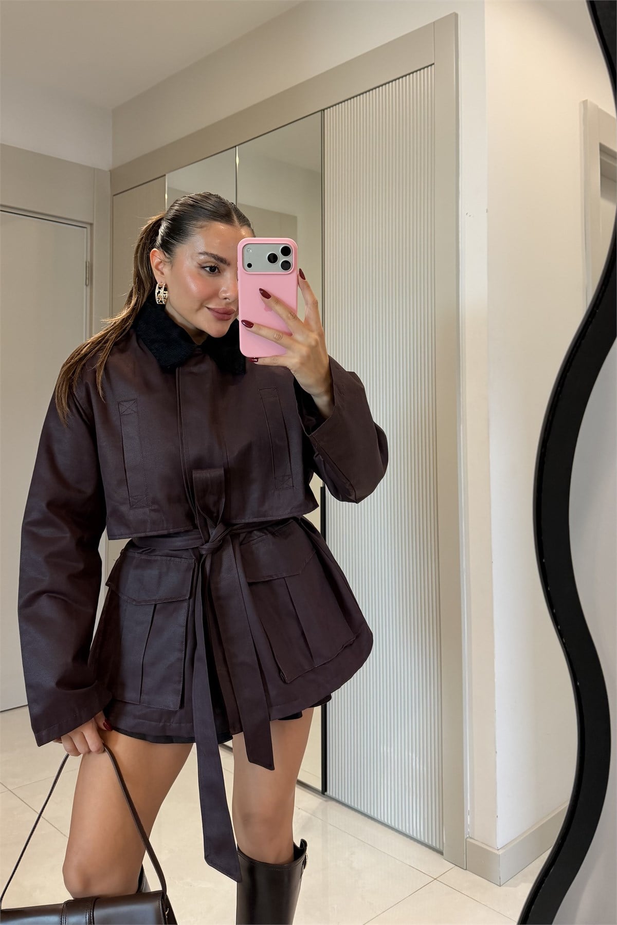 Enigma Bordo Kadife Yaka Detaylı Kuşaklı Ceket