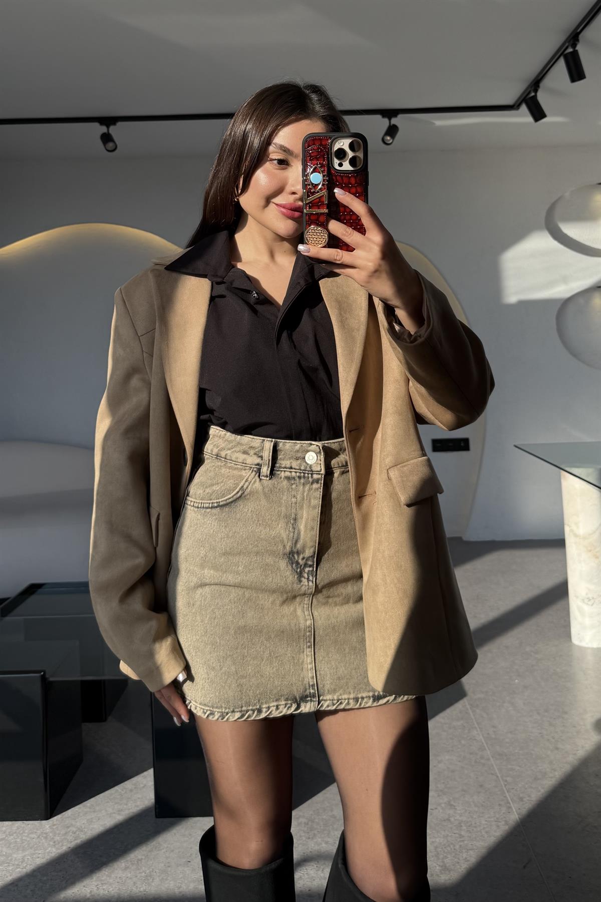 Erdber Kahve Eskitme Mini Kot Etek 