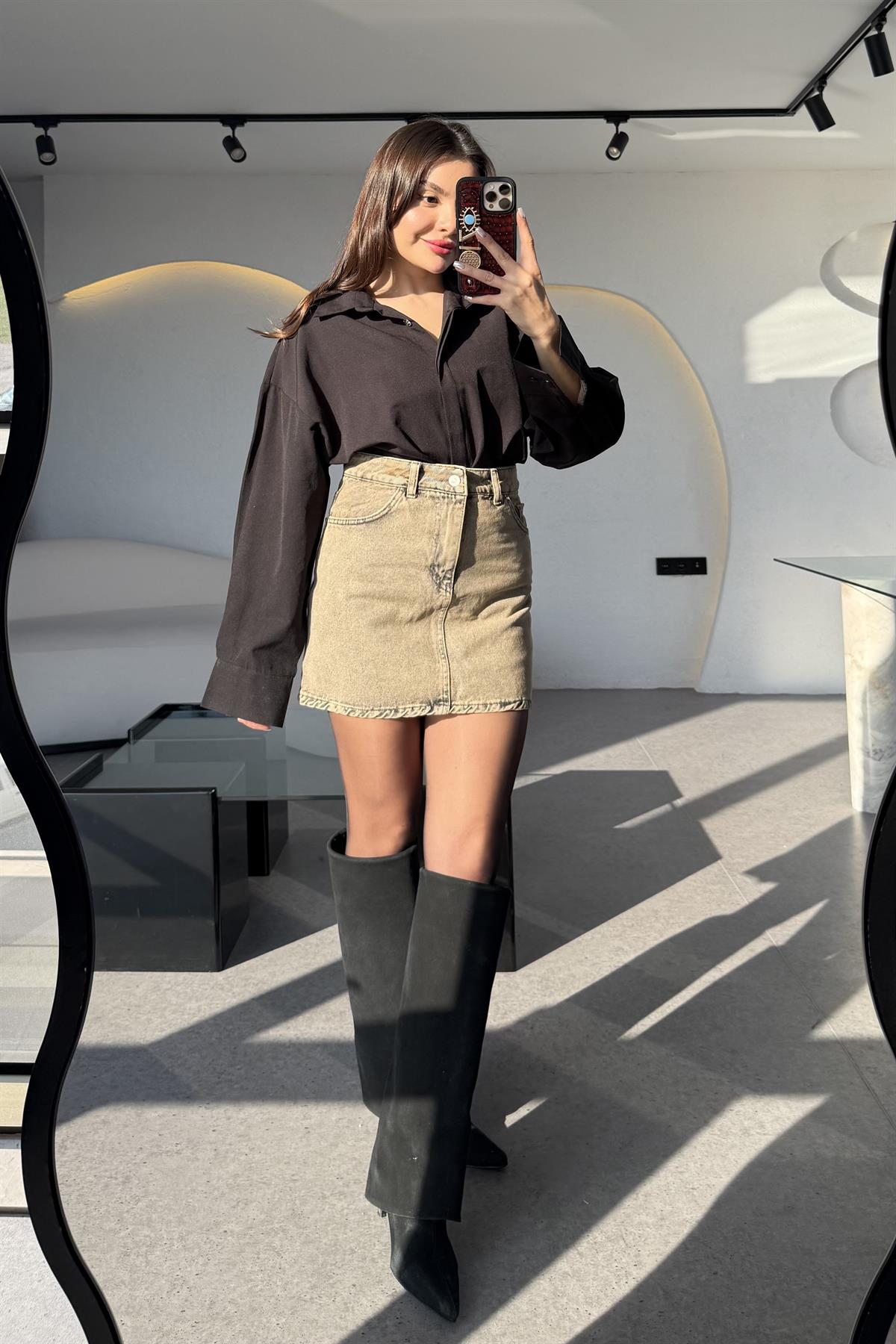 Erdber Kahve Eskitme Mini Kot Etek 