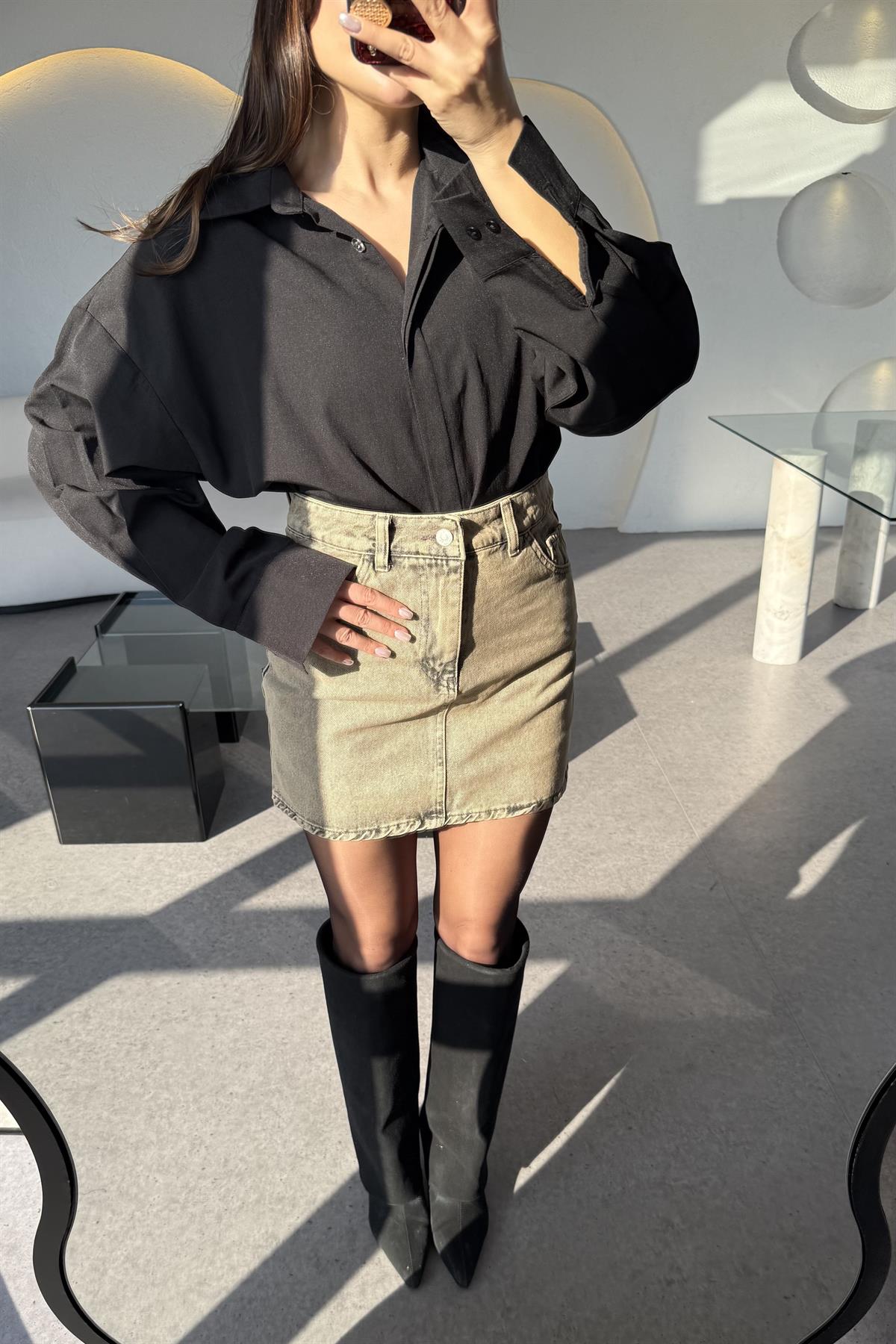 Erdber Kahve Eskitme Mini Kot Etek 