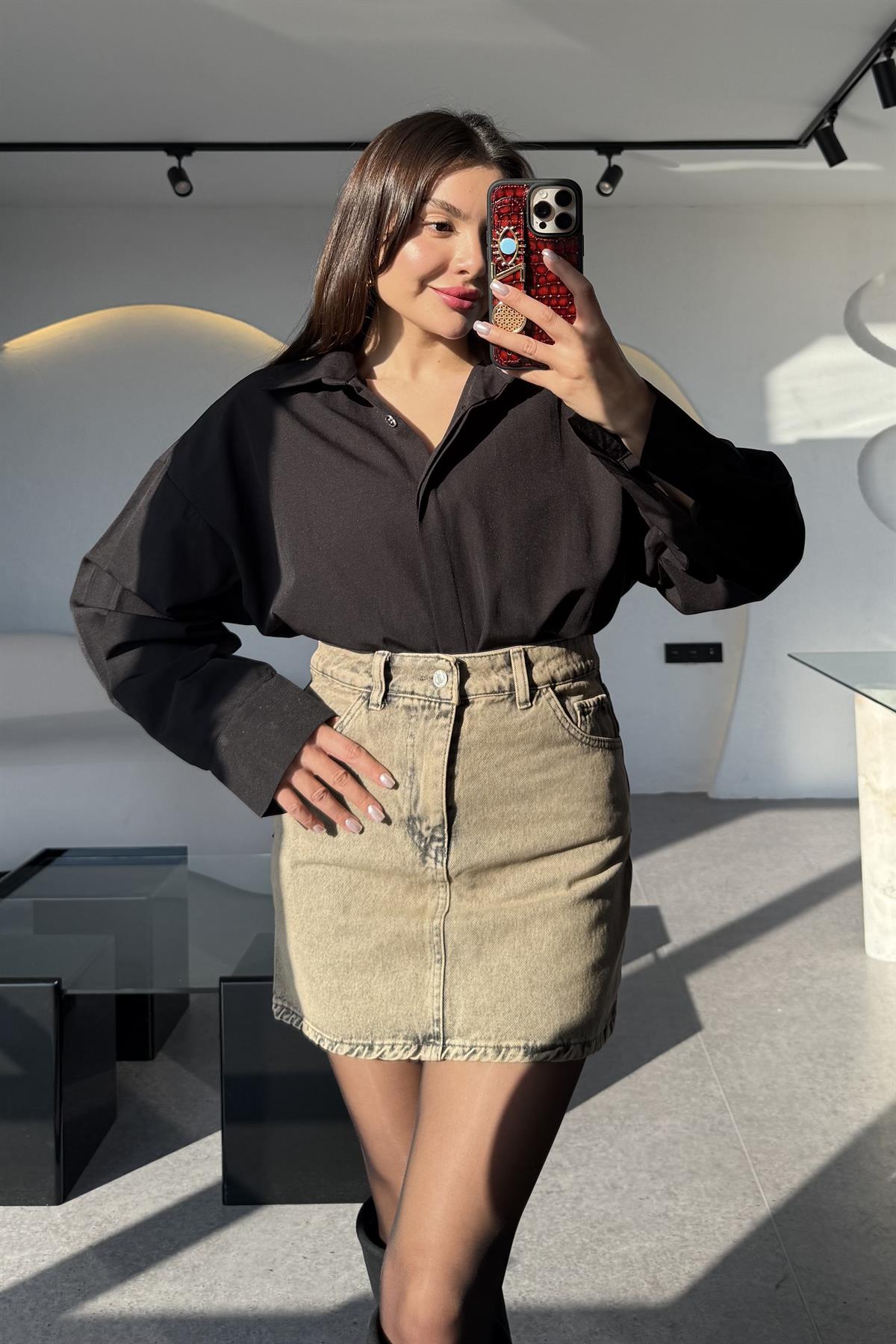 Erdber Kahve Eskitme Mini Kot Etek 