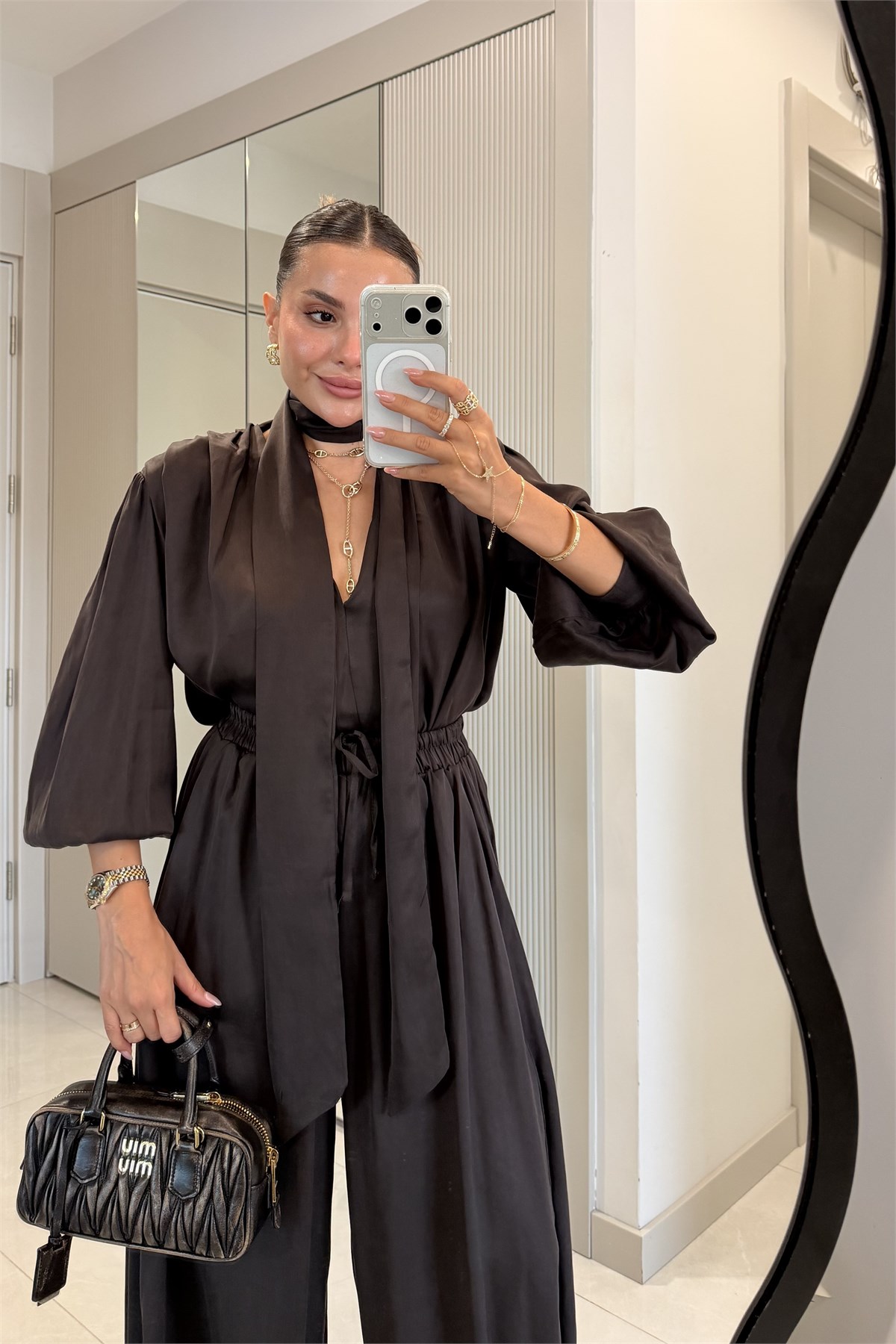 Ernest Kahve Şal Detaylı Bluz Pantolon Takım