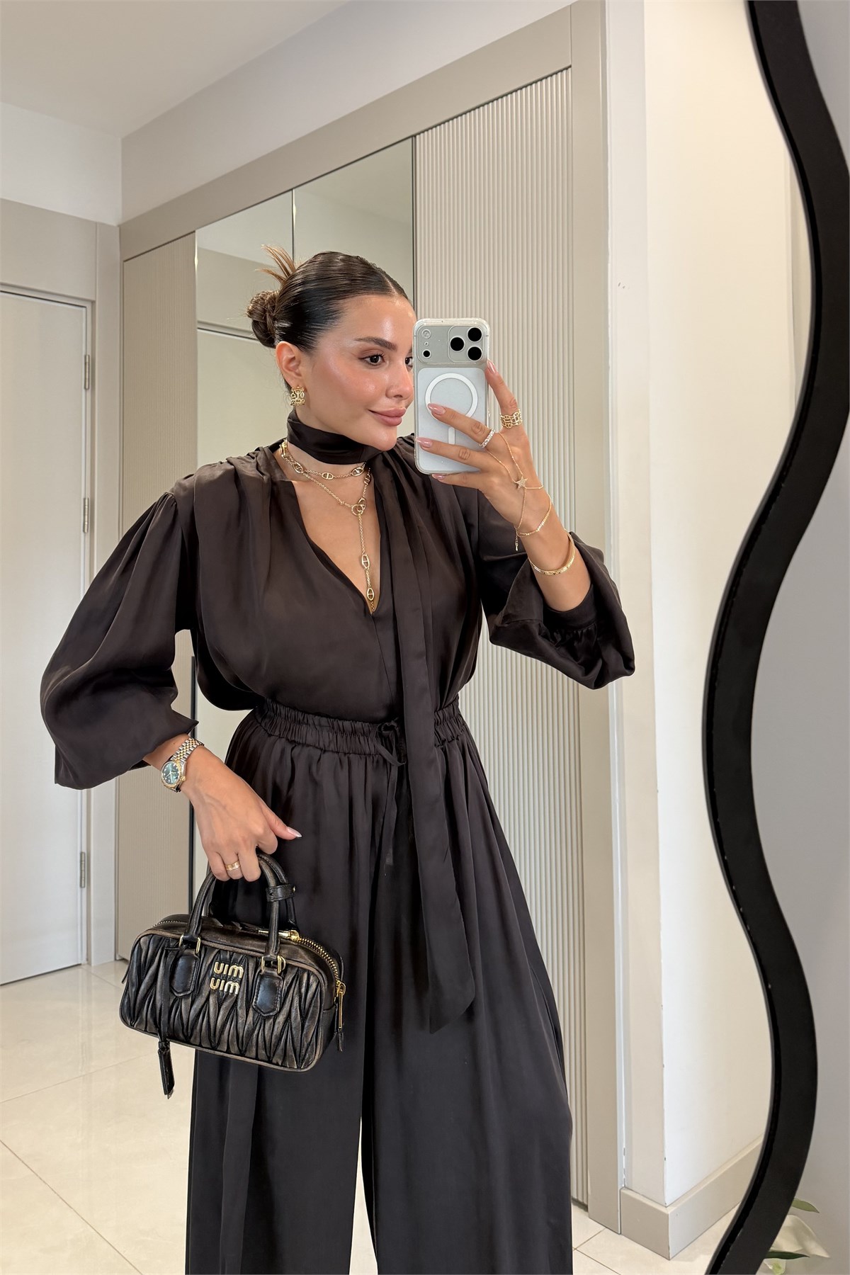 Ernest Kahve Şal Detaylı Bluz Pantolon Takım