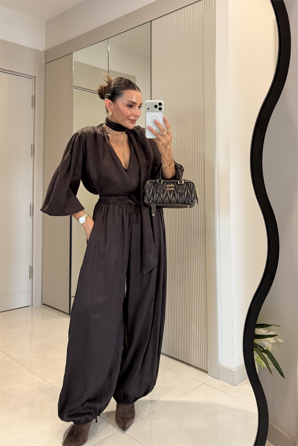 Ernest Kahve Şal Detaylı Bluz Pantolon Takım