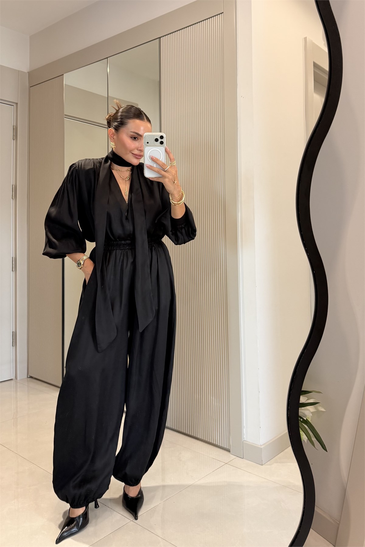 Ernest Siyah Şal Detaylı Bluz Pantolon Takım