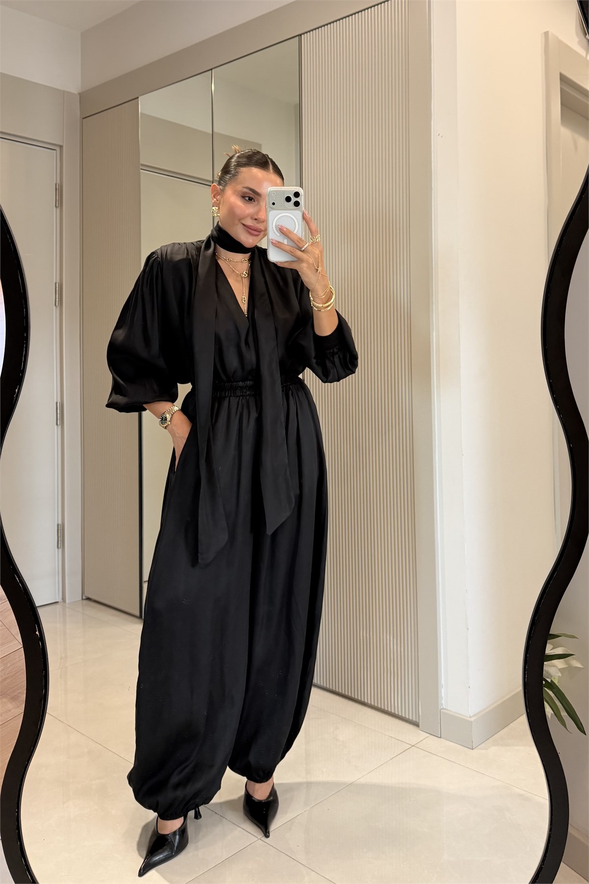 Ernest Siyah Şal Detaylı Bluz Pantolon Takım