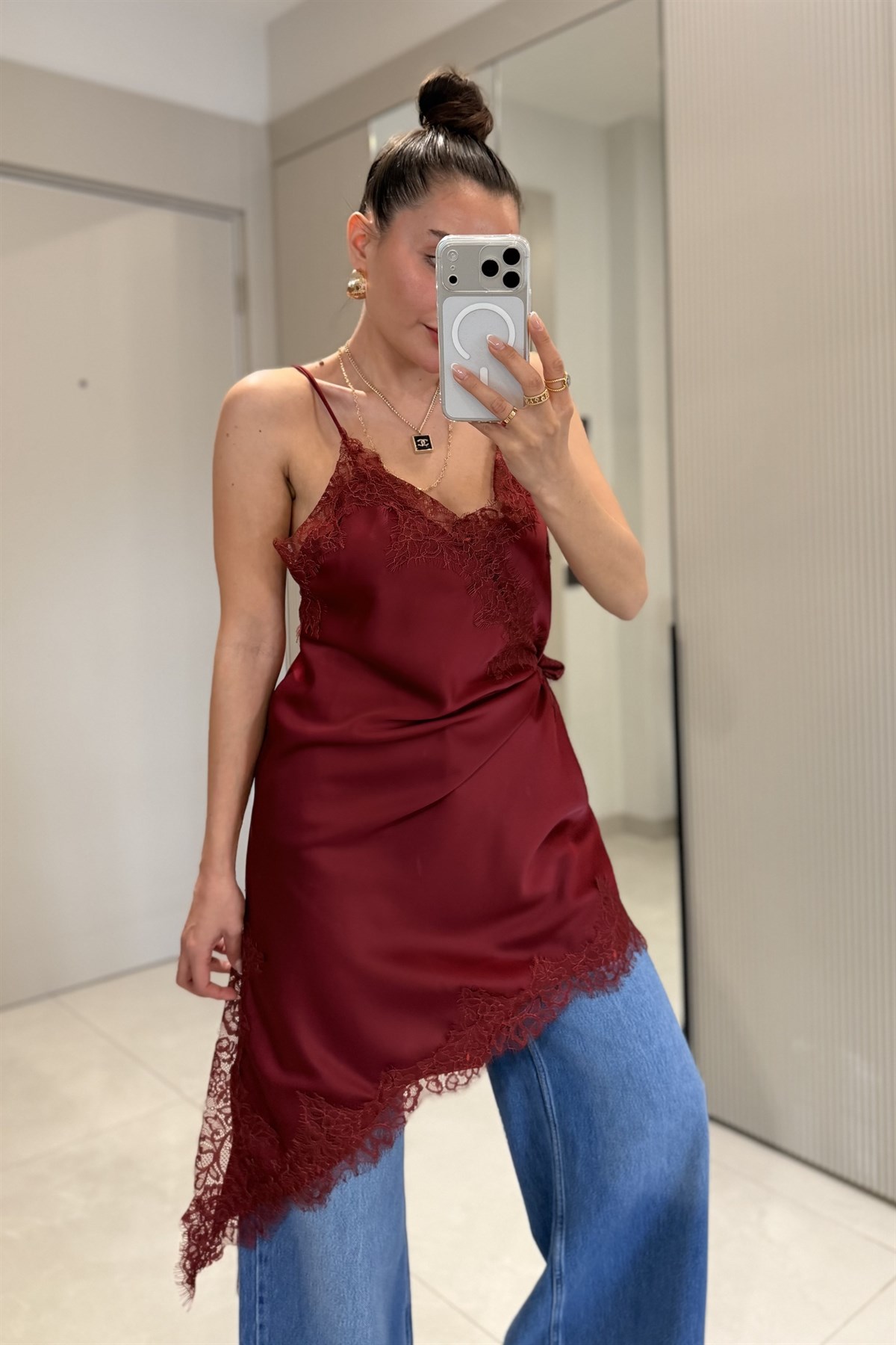 Esteria Bordo Dantelli Saten Bluz