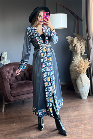 Etnik desenli simli gri kimono