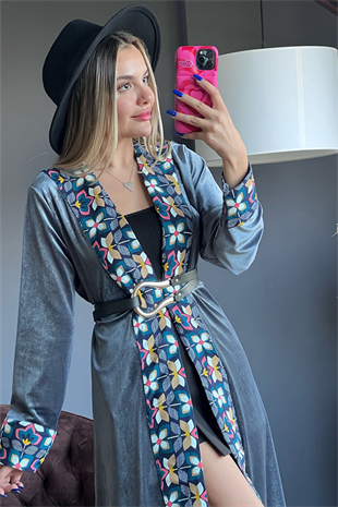 Etnik desenli simli gri kimono
