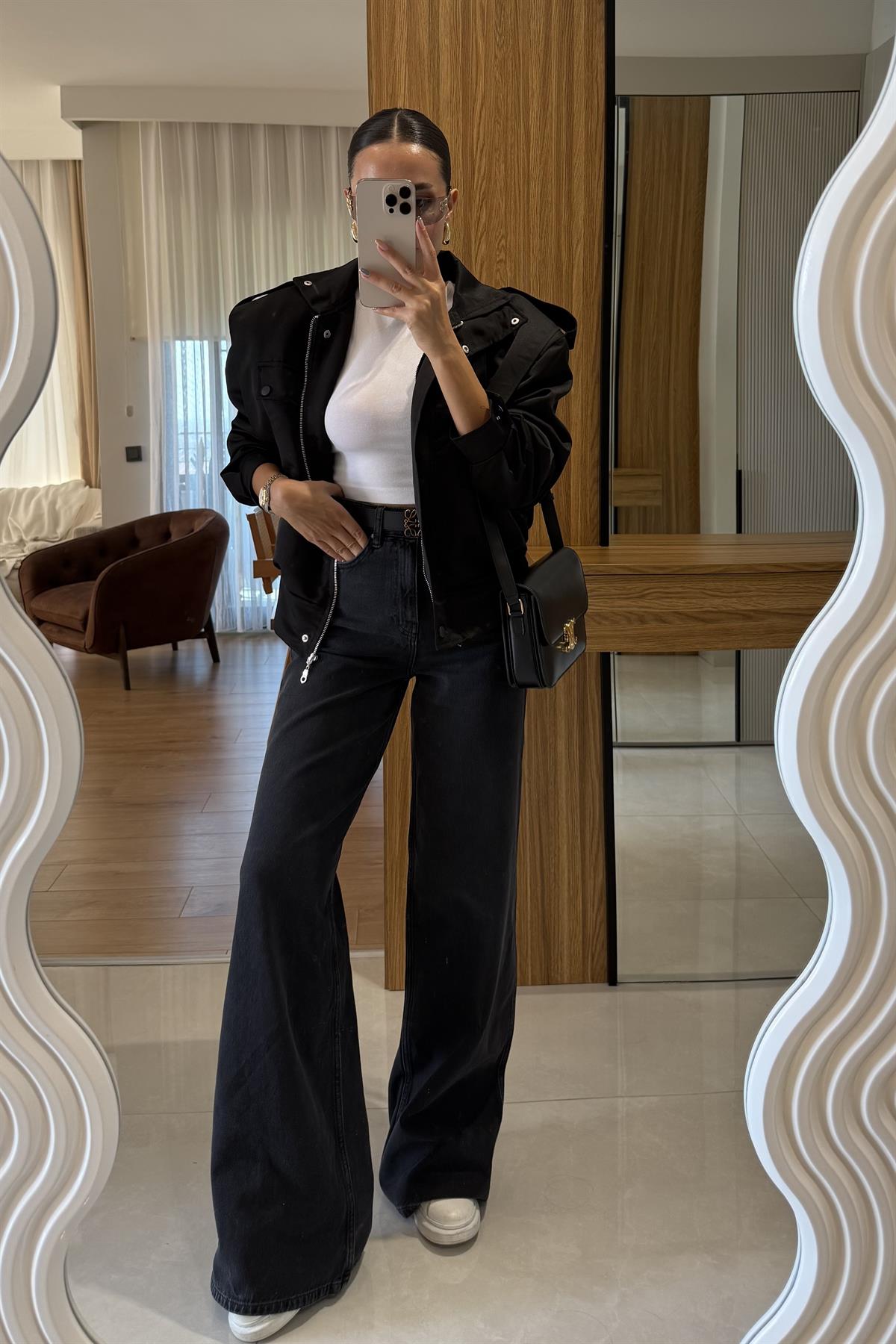 Eupen Yüksek Bel Bol Paça Siyah Jean