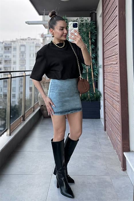 European Vatkalı Jean Detaylı Elbise - Siyah