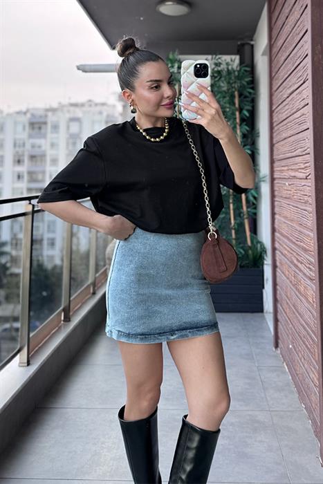 European Vatkalı Jean Detaylı Elbise - Siyah
