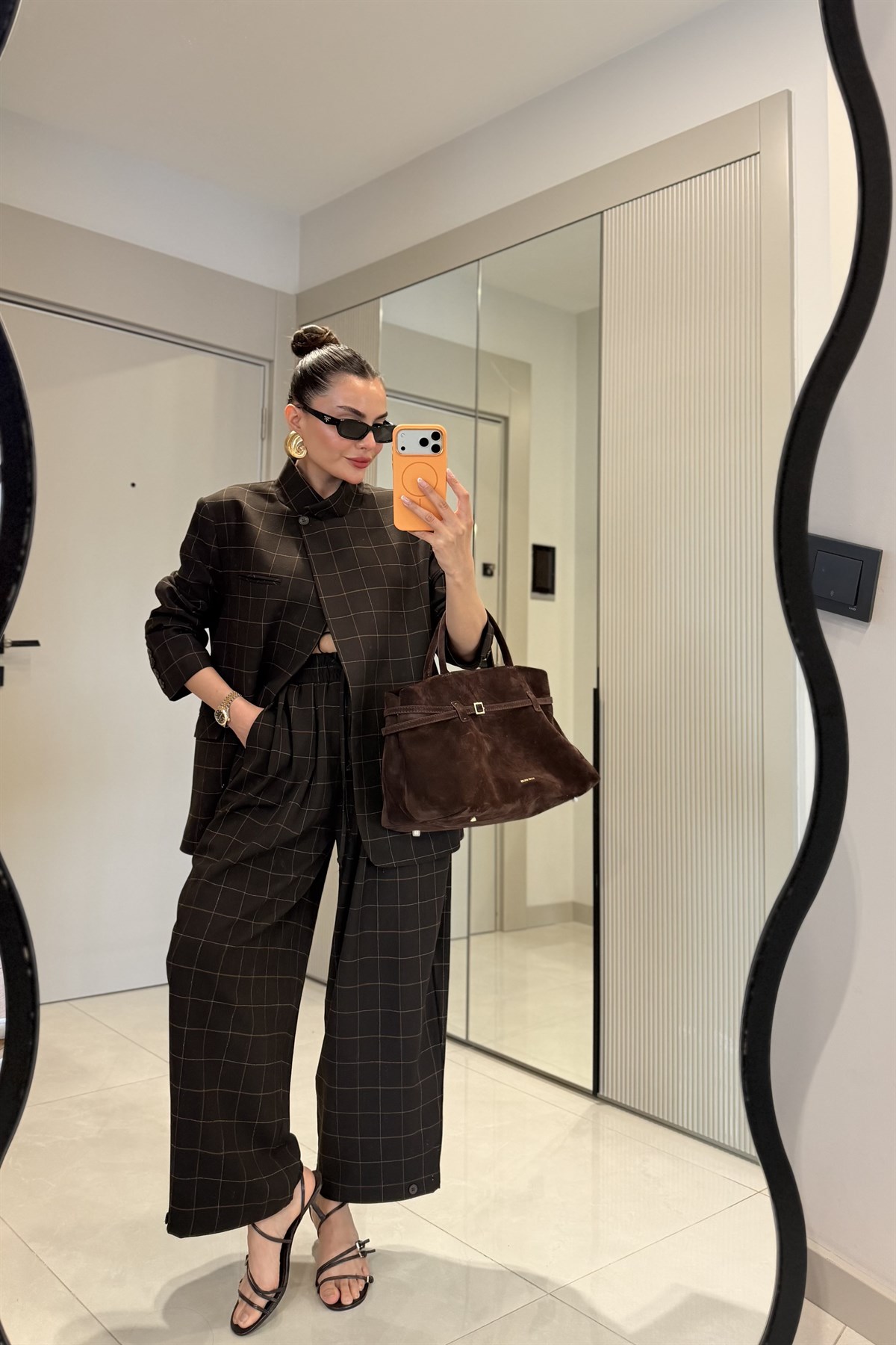 Evania Kahve Ekose Desenli Premium Blazer Ceket