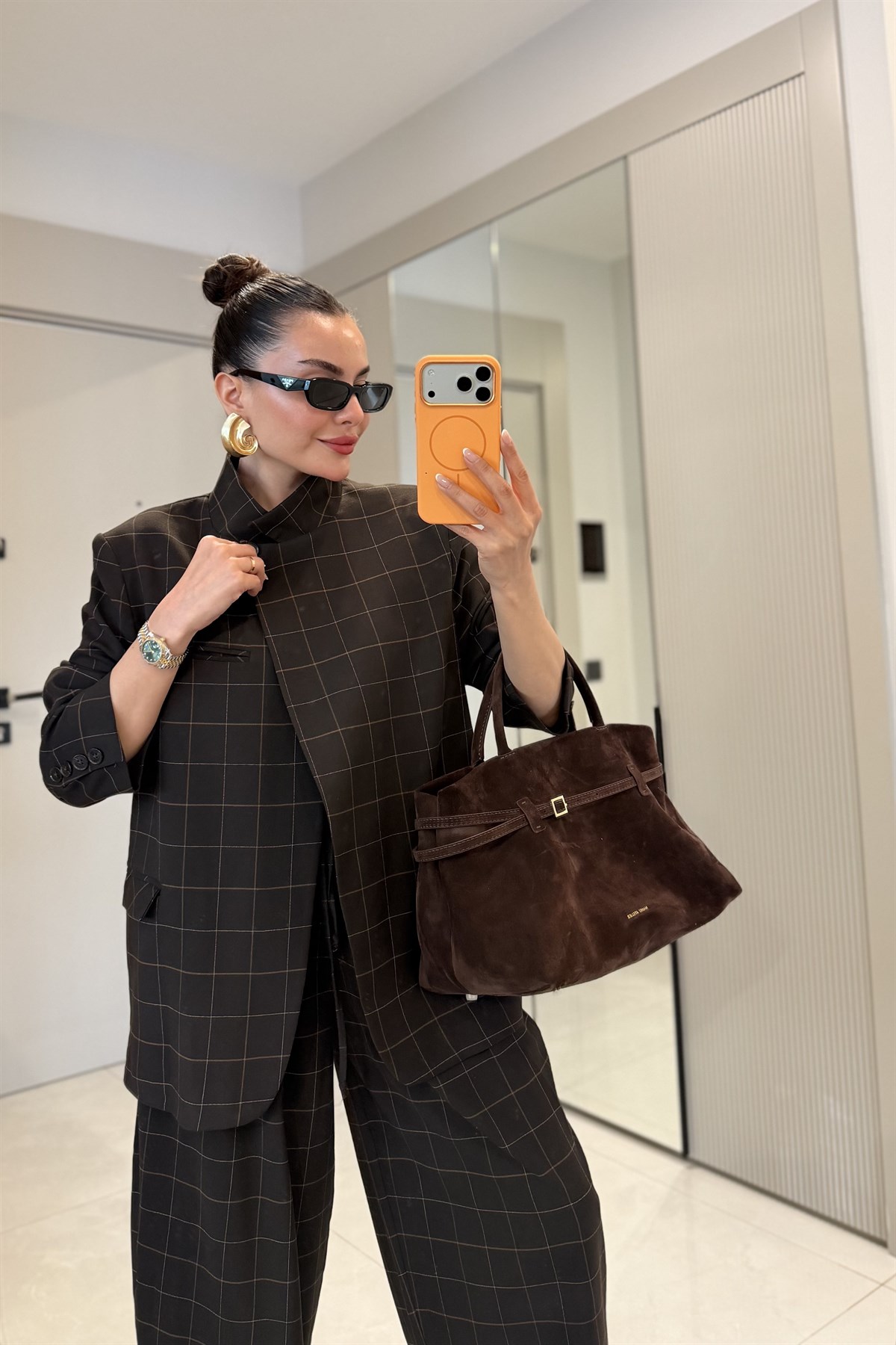 Evania Kahve Ekose Desenli Premium Blazer Ceket