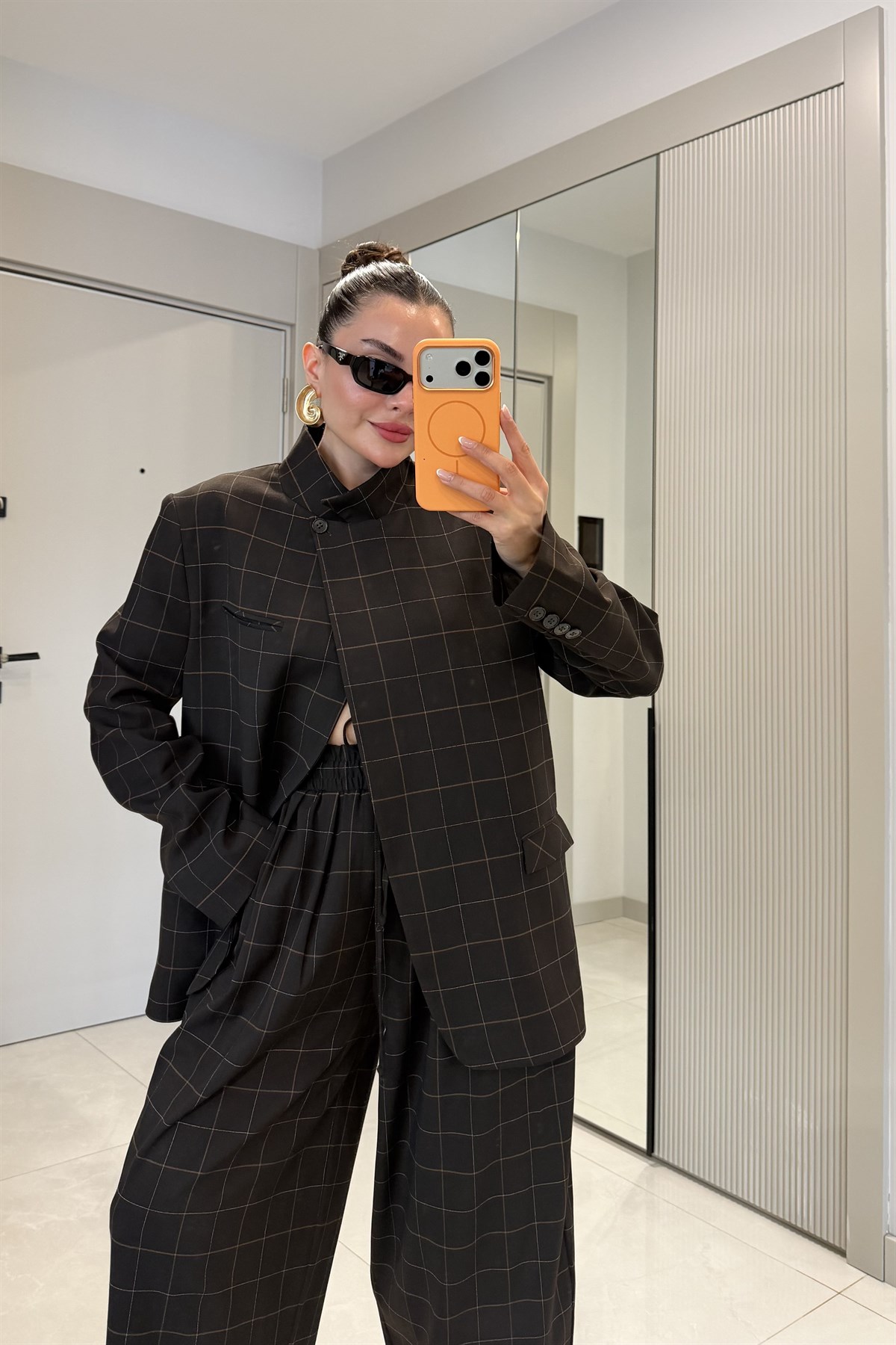 Evania Kahve Ekose Desenli Premium Blazer Ceket