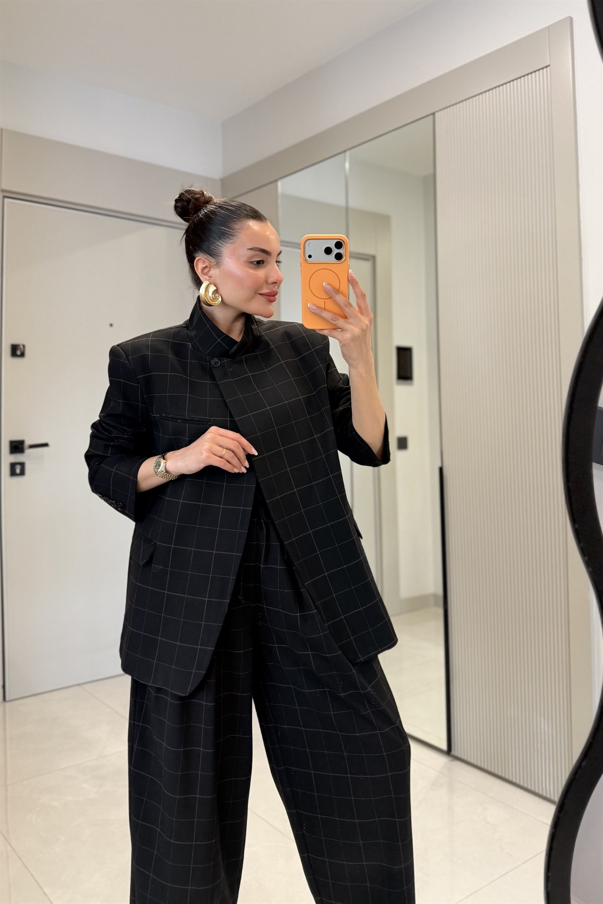 Evania Siyah Ekose Desenli Premium Blazer Ceket
