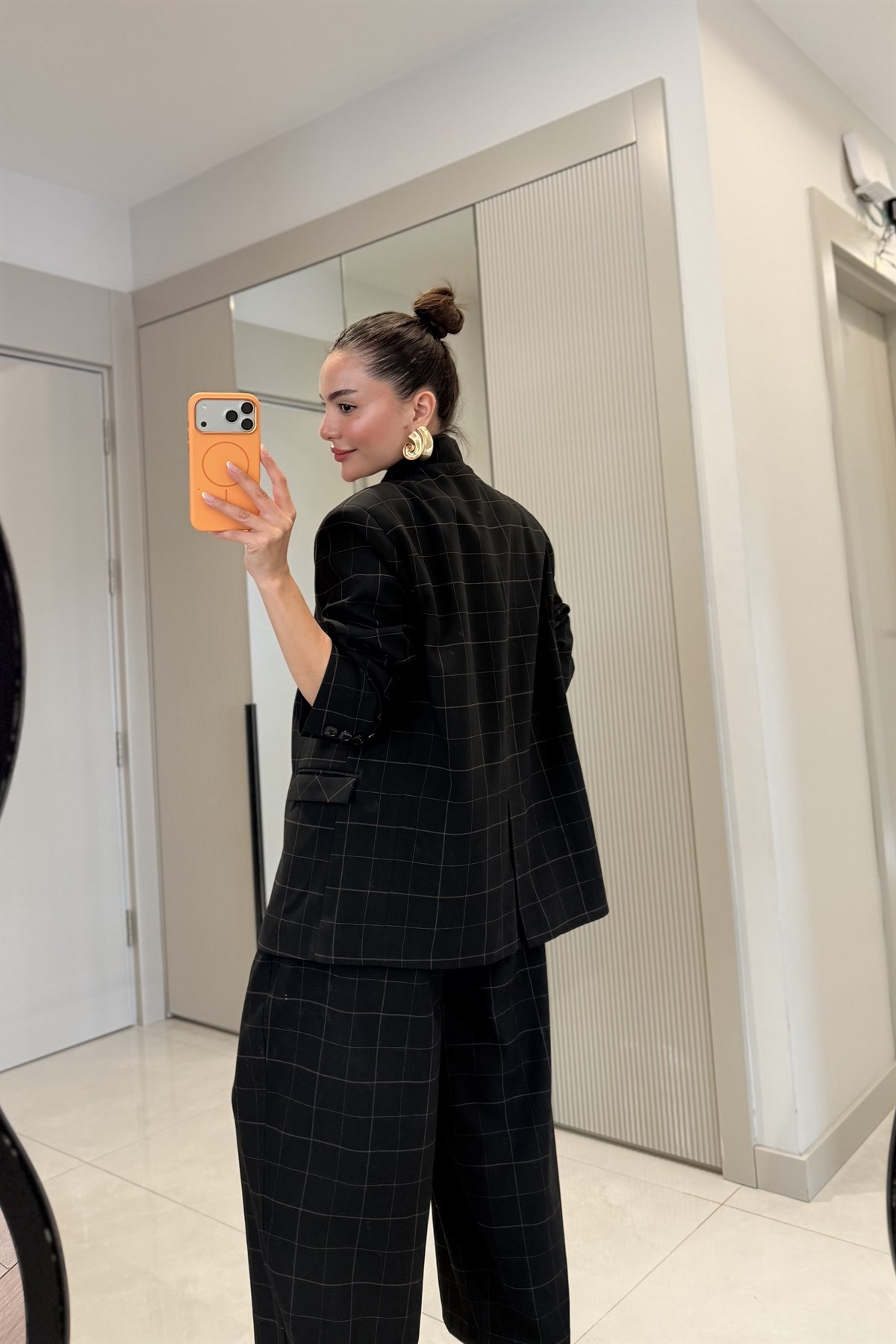 Evania Siyah Ekose Desenli Premium Blazer Ceket