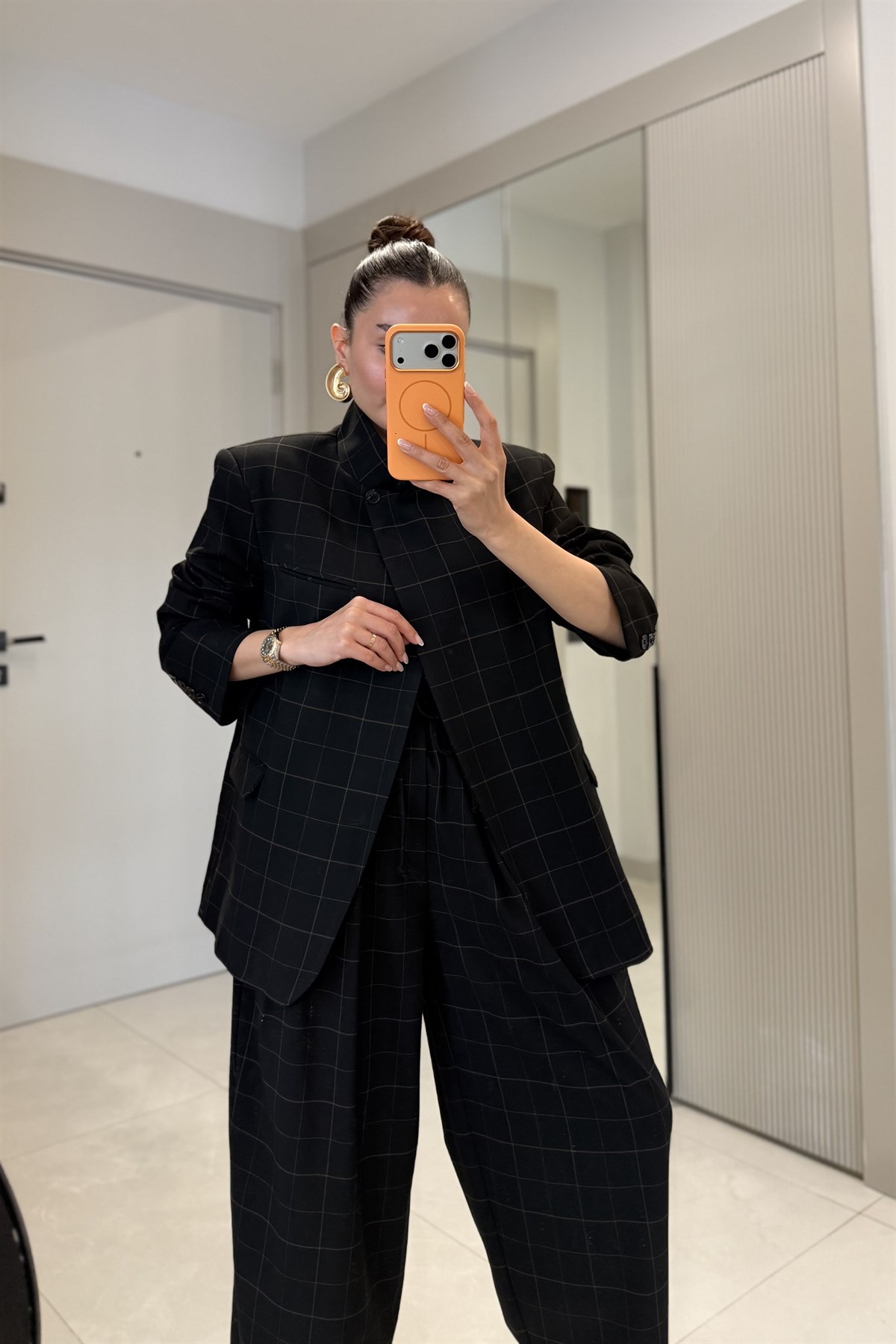 Evania Siyah Ekose Desenli Premium Blazer Ceket