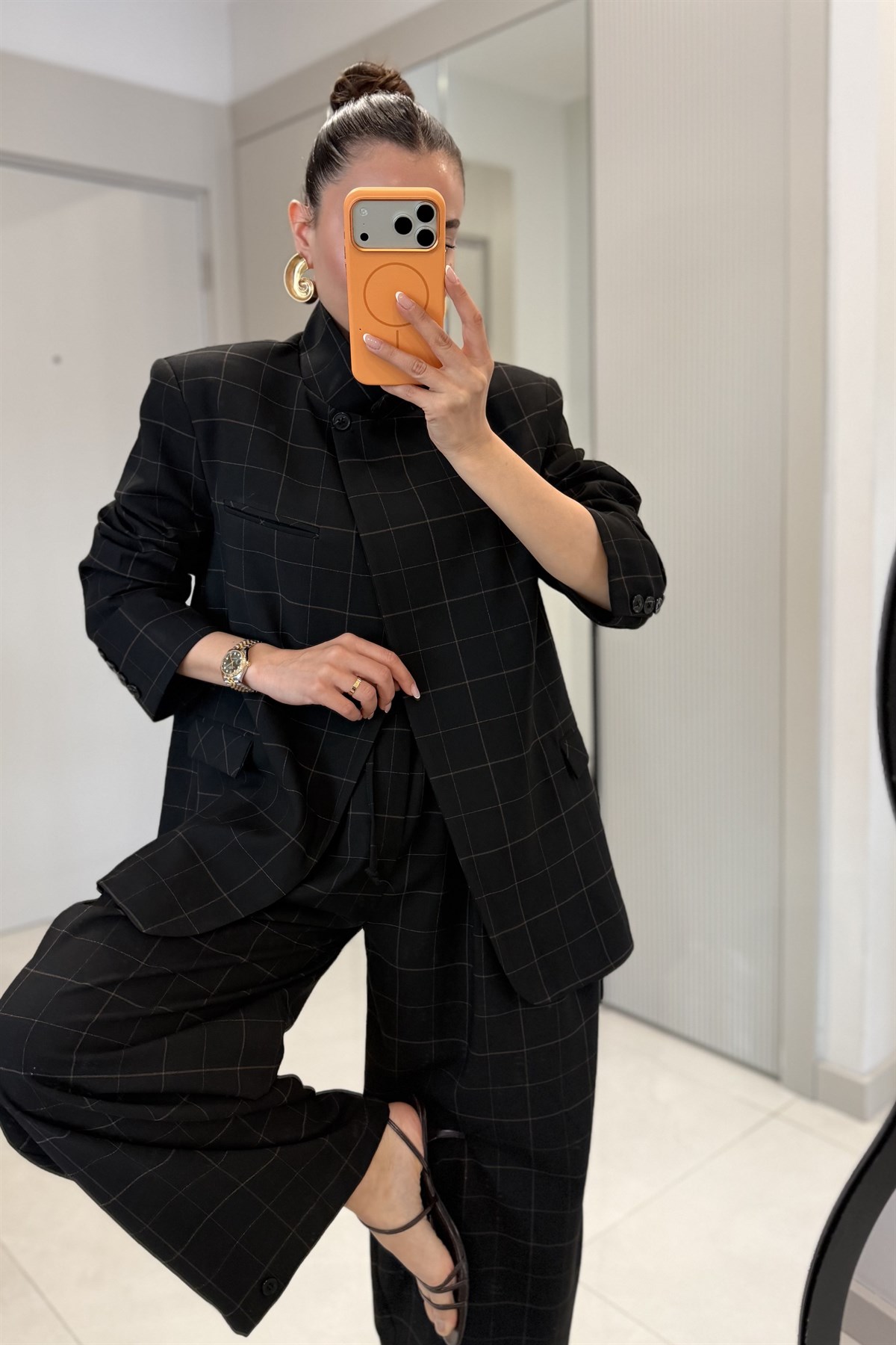 Evania Siyah Ekose Desenli Premium Blazer Ceket