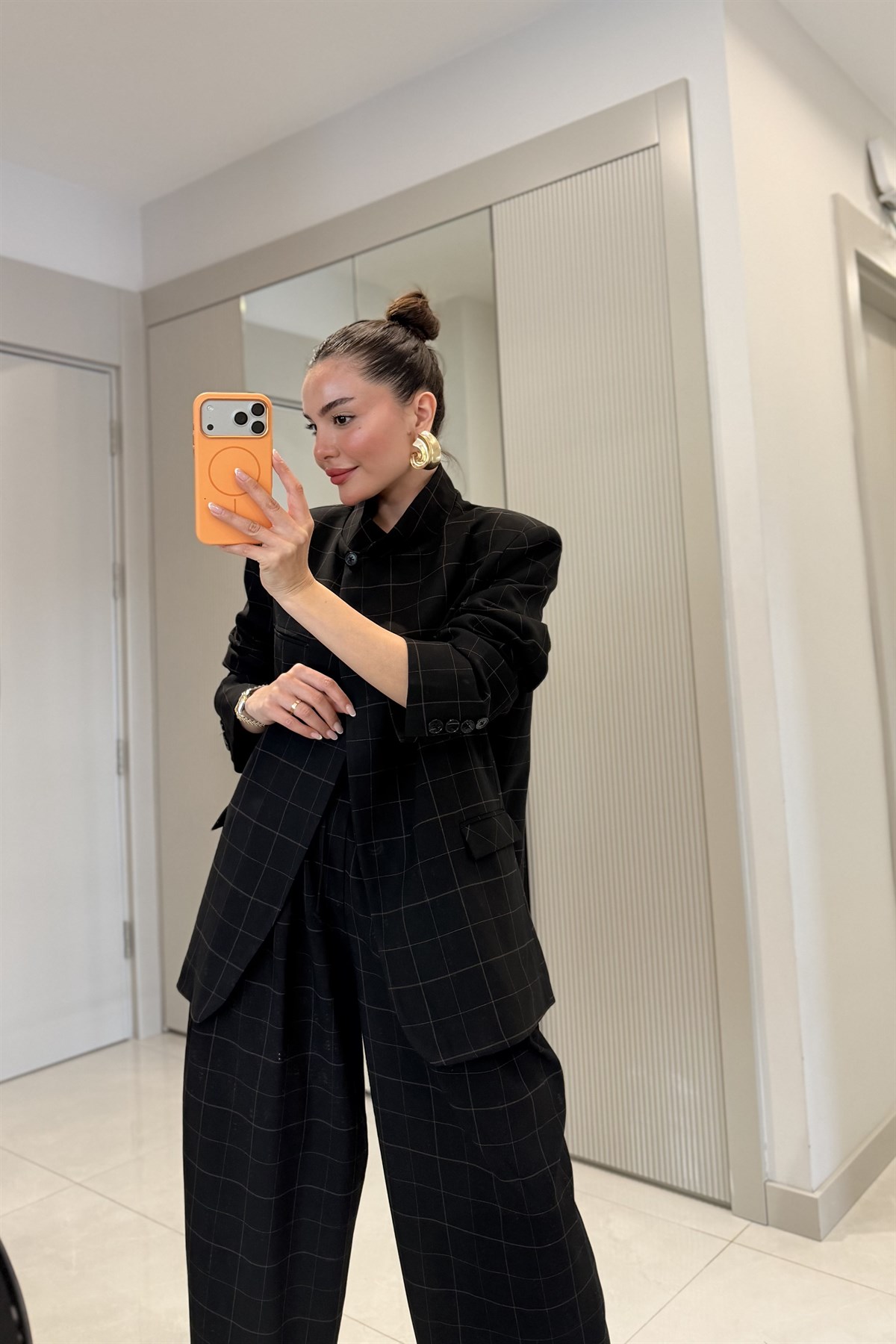 Evania Siyah Ekose Desenli Premium Blazer Ceket